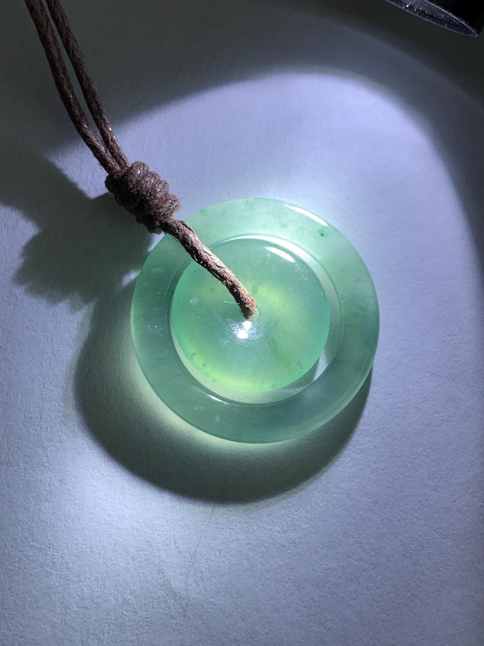 Natural Grade A Guatemalan Icy Translucent Light Teal Green Jade Jadeite Mother and Child Ping An Kou Donut Pendant 24” 天然冰危蓝绿翡翠子母扣吊坠WZM330A