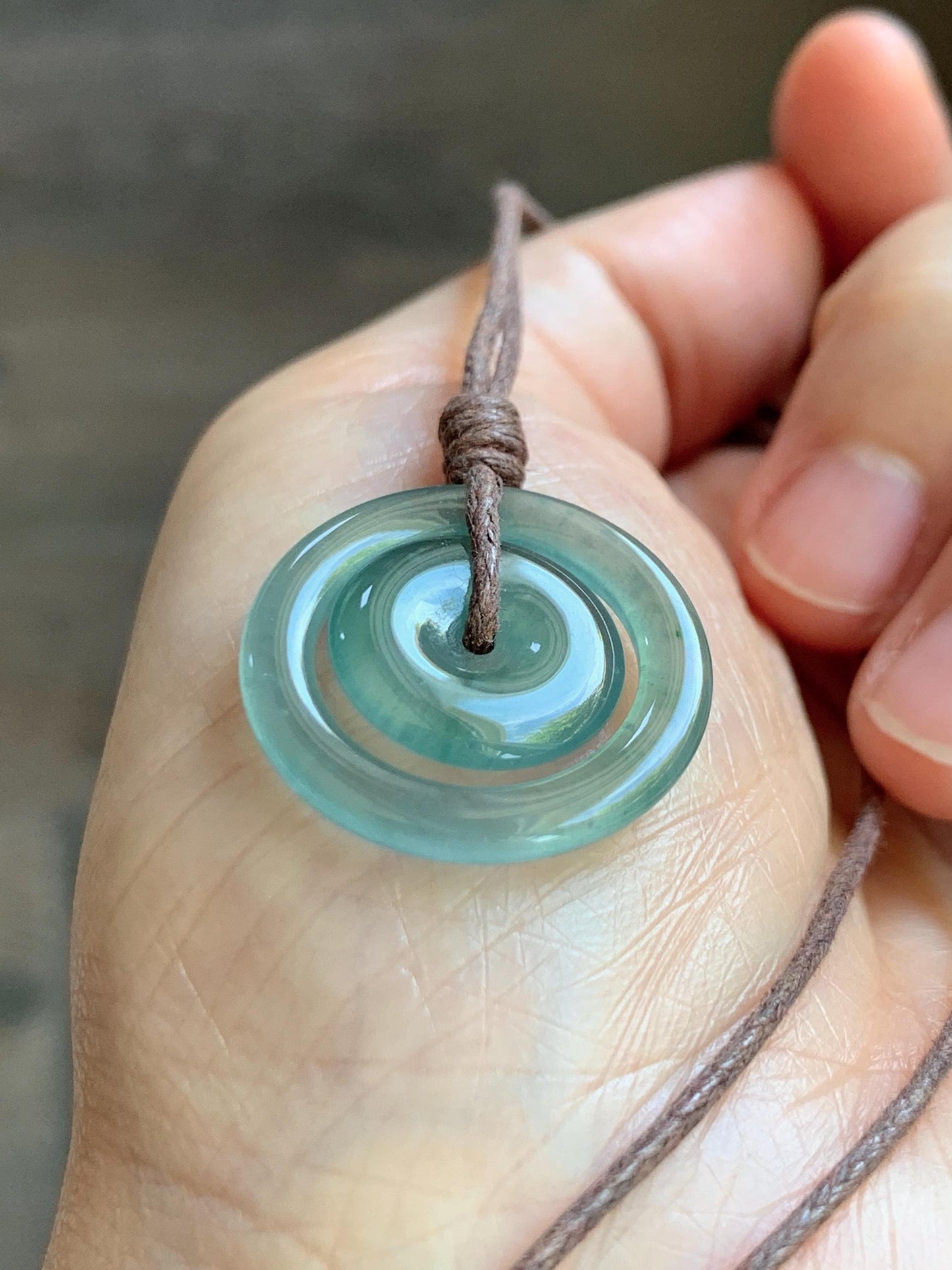 Natural Grade A Guatemalan Icy Translucent Light Teal Green Jade Jadeite Mother and Child Ping An Kou Donut Pendant 24” 天然冰危蓝绿翡翠子母扣吊坠WZM330A