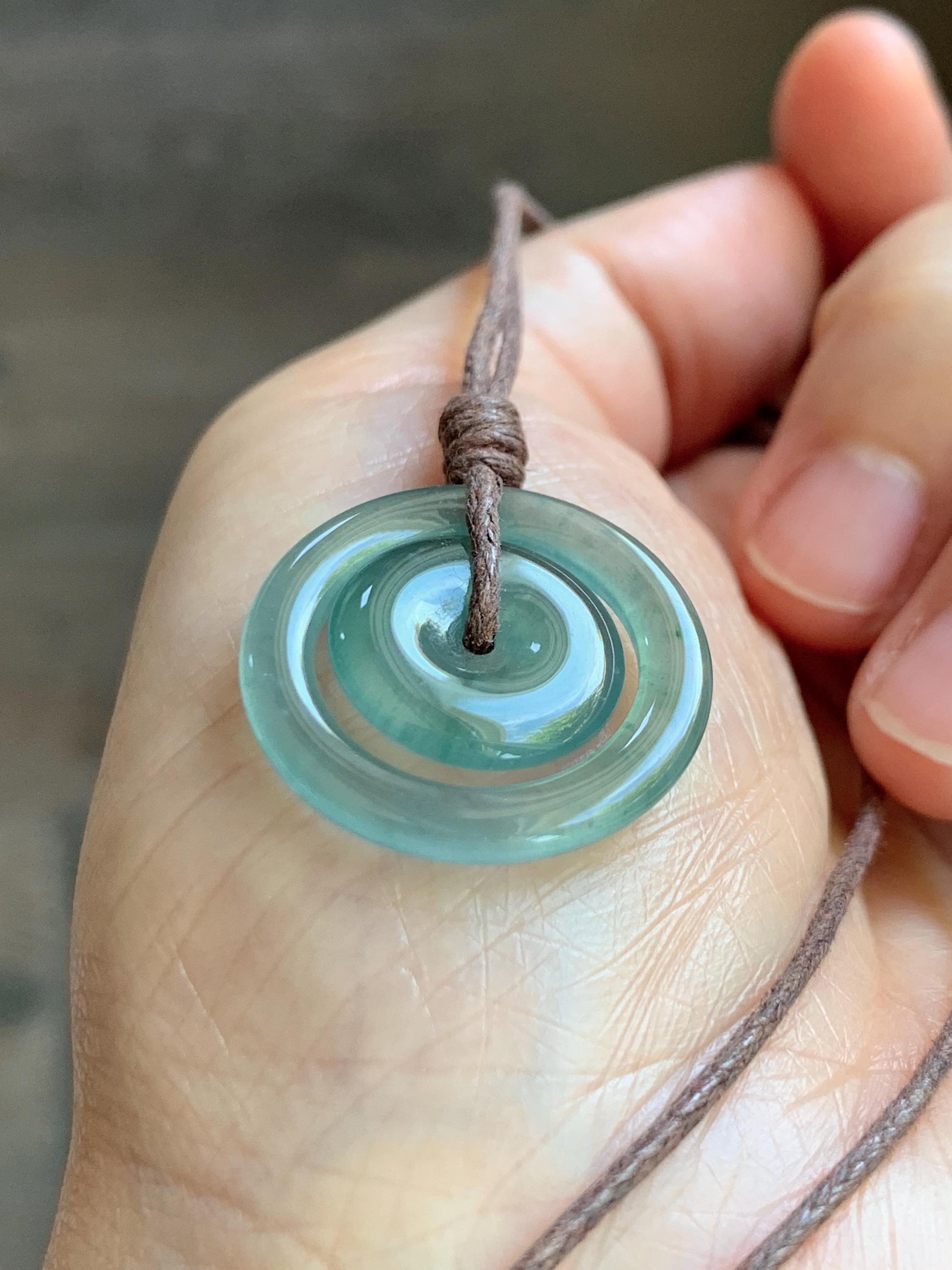 Natural Grade A Guatemalan Icy Translucent Light Teal Green Jade Jadeite Mother and Child Ping An Kou Donut Pendant 24” 天然冰危蓝绿翡翠子母扣吊坠WZM330A