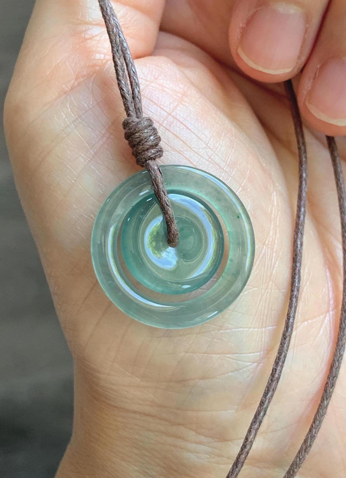 Natural Grade A Guatemalan Icy Translucent Light Teal Green Jade Jadeite Mother and Child Ping An Kou Donut Pendant 24” 天然冰危蓝绿翡翠子母扣吊坠WZM330A
