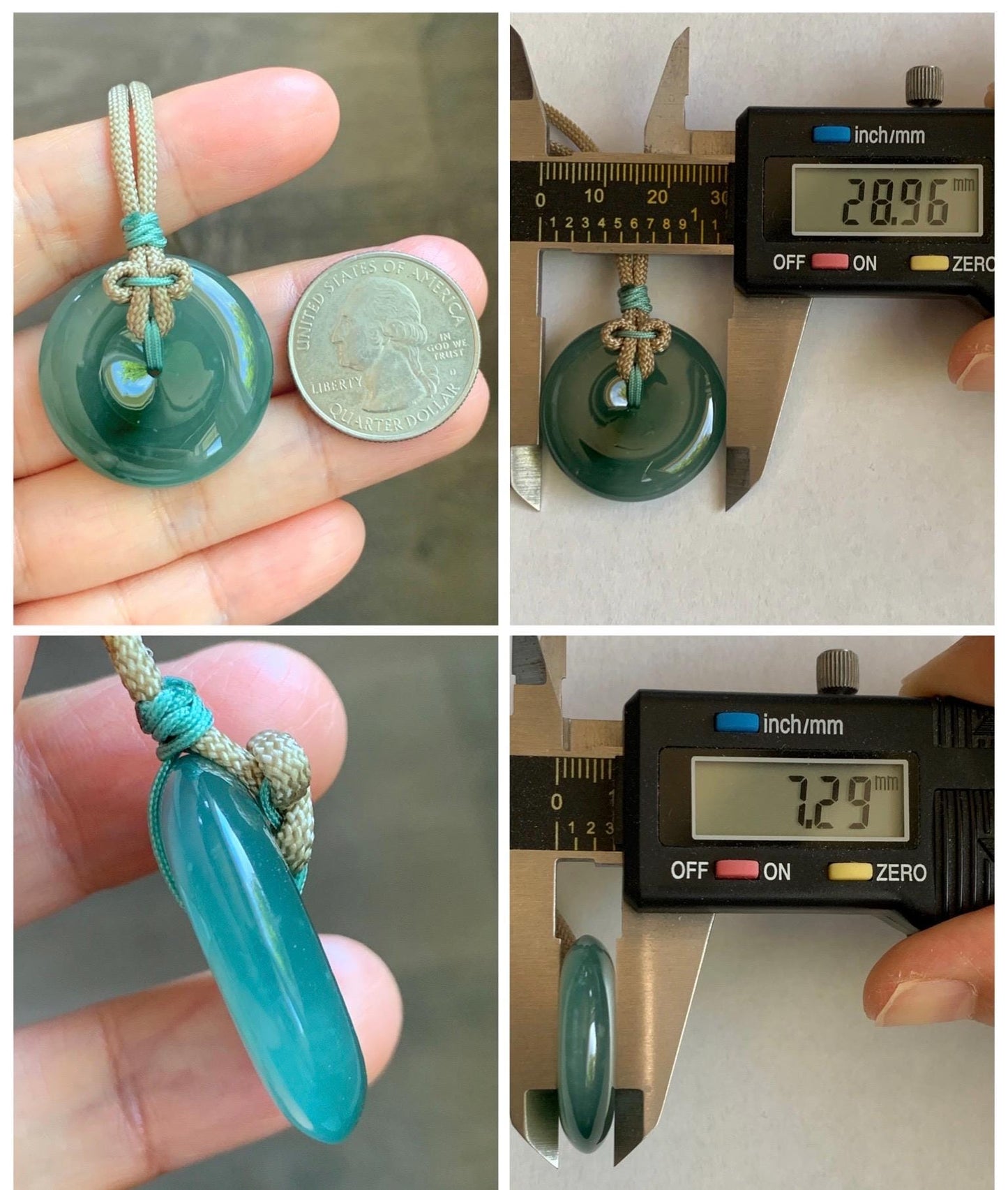 Natural Grade A Guatemalan Icy Translucent Dusty Teal Green Jade Jadeite Ping An Kou Donut Pendant Rope Necklace 24” 天然冰胶危蓝绿翡翠平安扣吊坠 WLP220