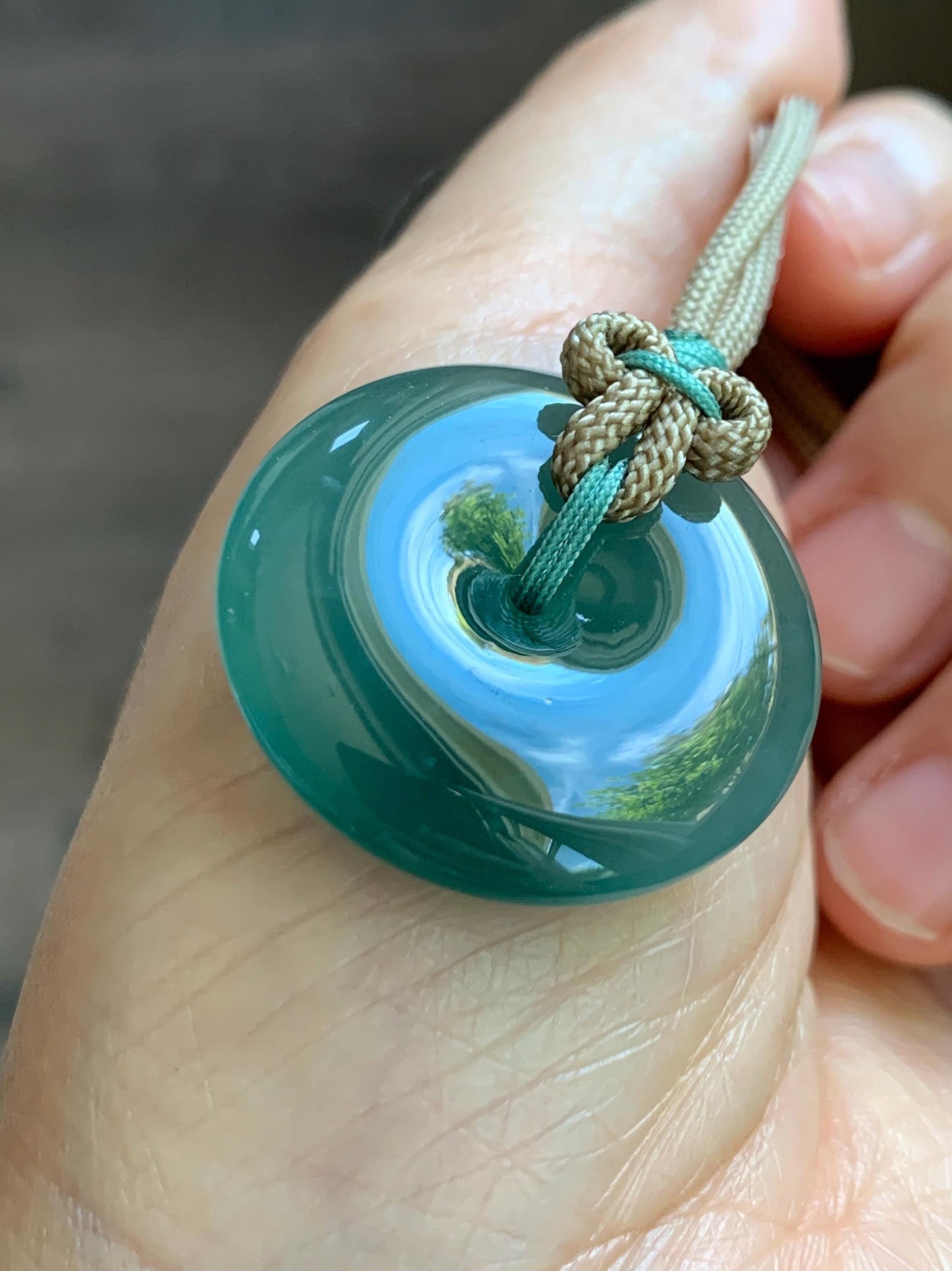 Natural Grade A Guatemalan Icy Translucent Dusty Teal Green Jade Jadeite Ping An Kou Donut Pendant Rope Necklace 24” 天然冰胶危蓝绿翡翠平安扣吊坠 WLP220