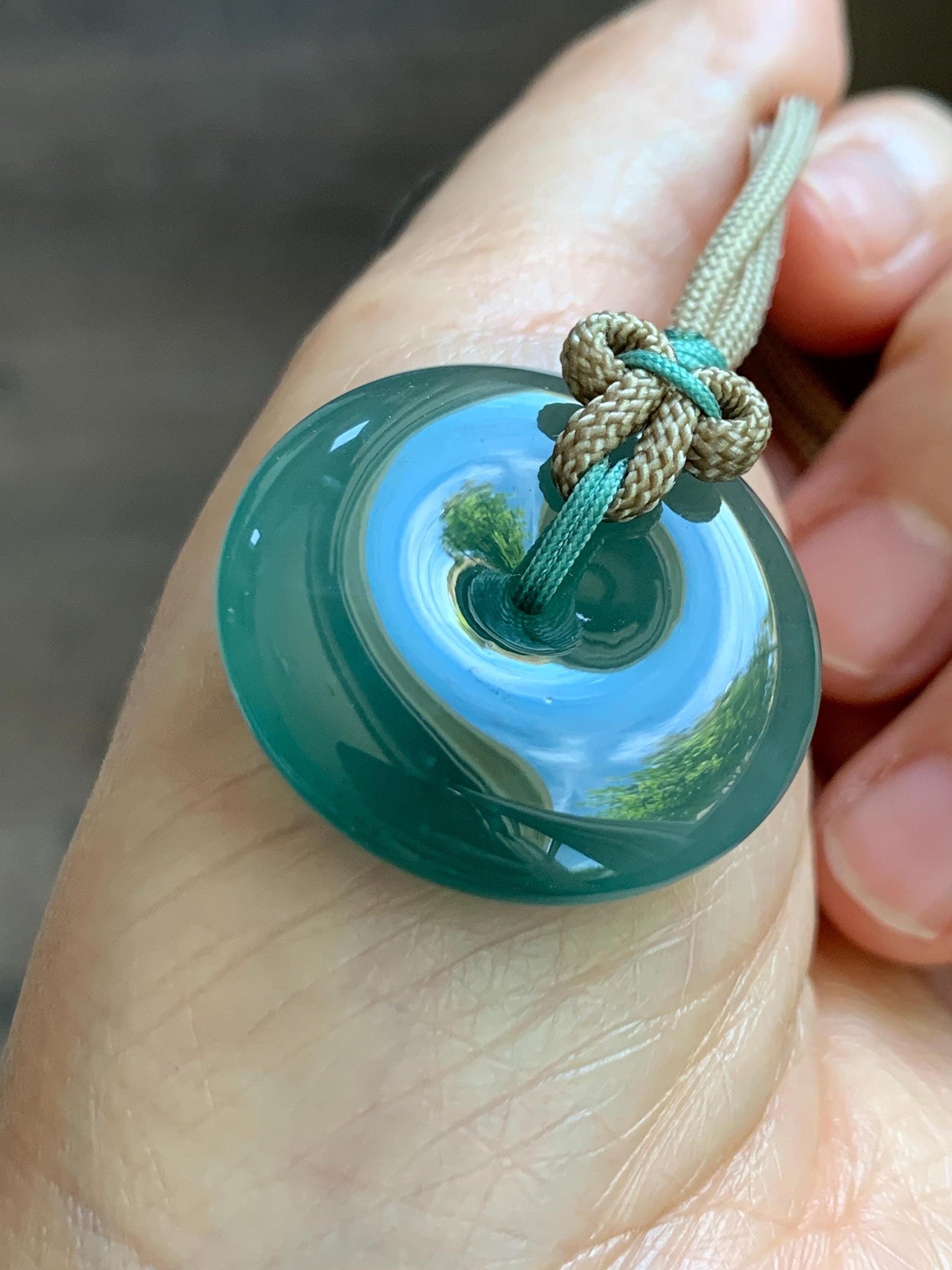 Natural Grade A Guatemalan Icy Translucent Dusty Teal Green Jade Jadeite Ping An Kou Donut Pendant Rope Necklace 24” 天然冰胶危蓝绿翡翠平安扣吊坠 WLP220