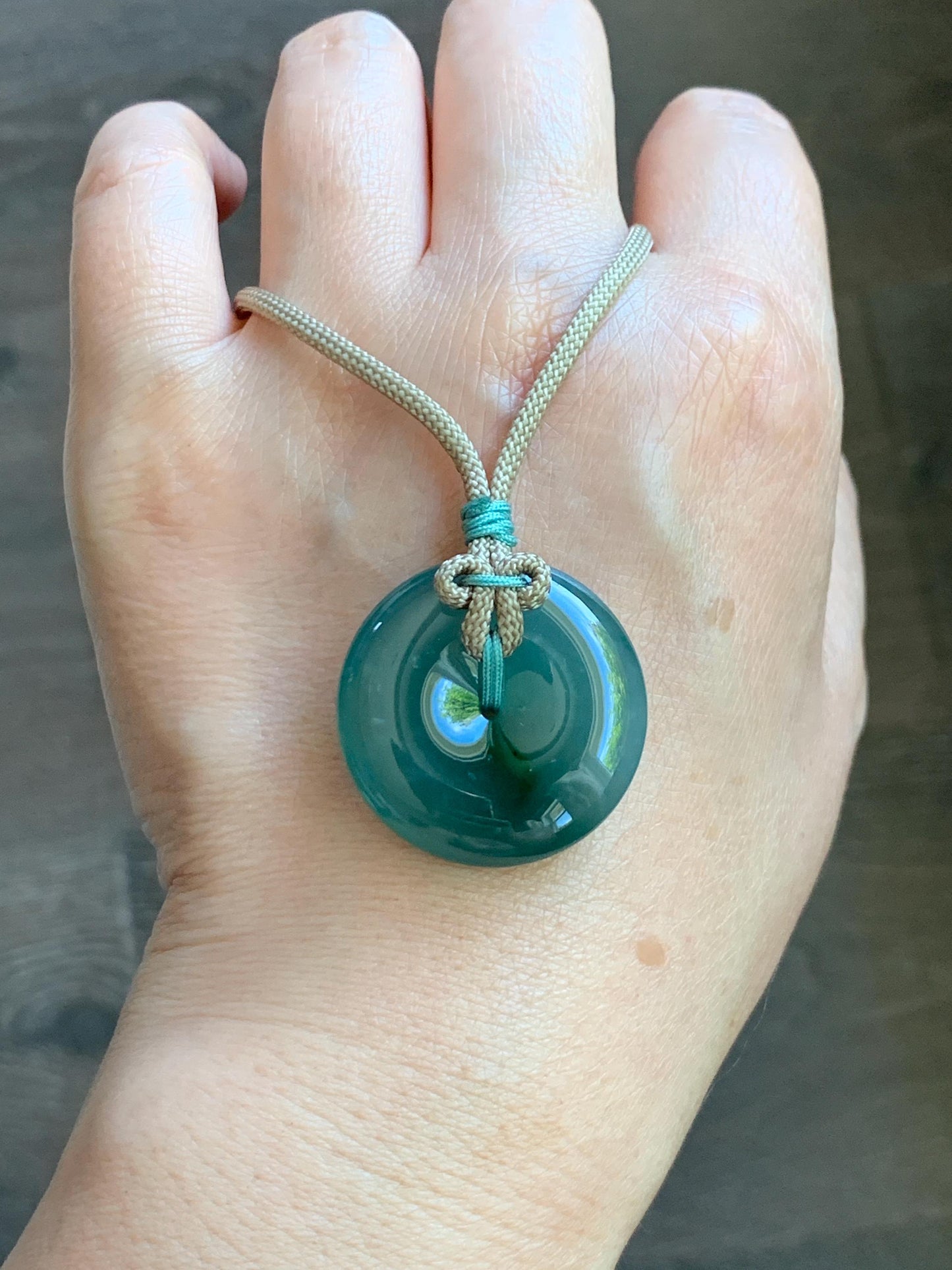 Natural Grade A Guatemalan Icy Translucent Dusty Teal Green Jade Jadeite Ping An Kou Donut Pendant Rope Necklace 24” 天然冰胶危蓝绿翡翠平安扣吊坠 WLP220