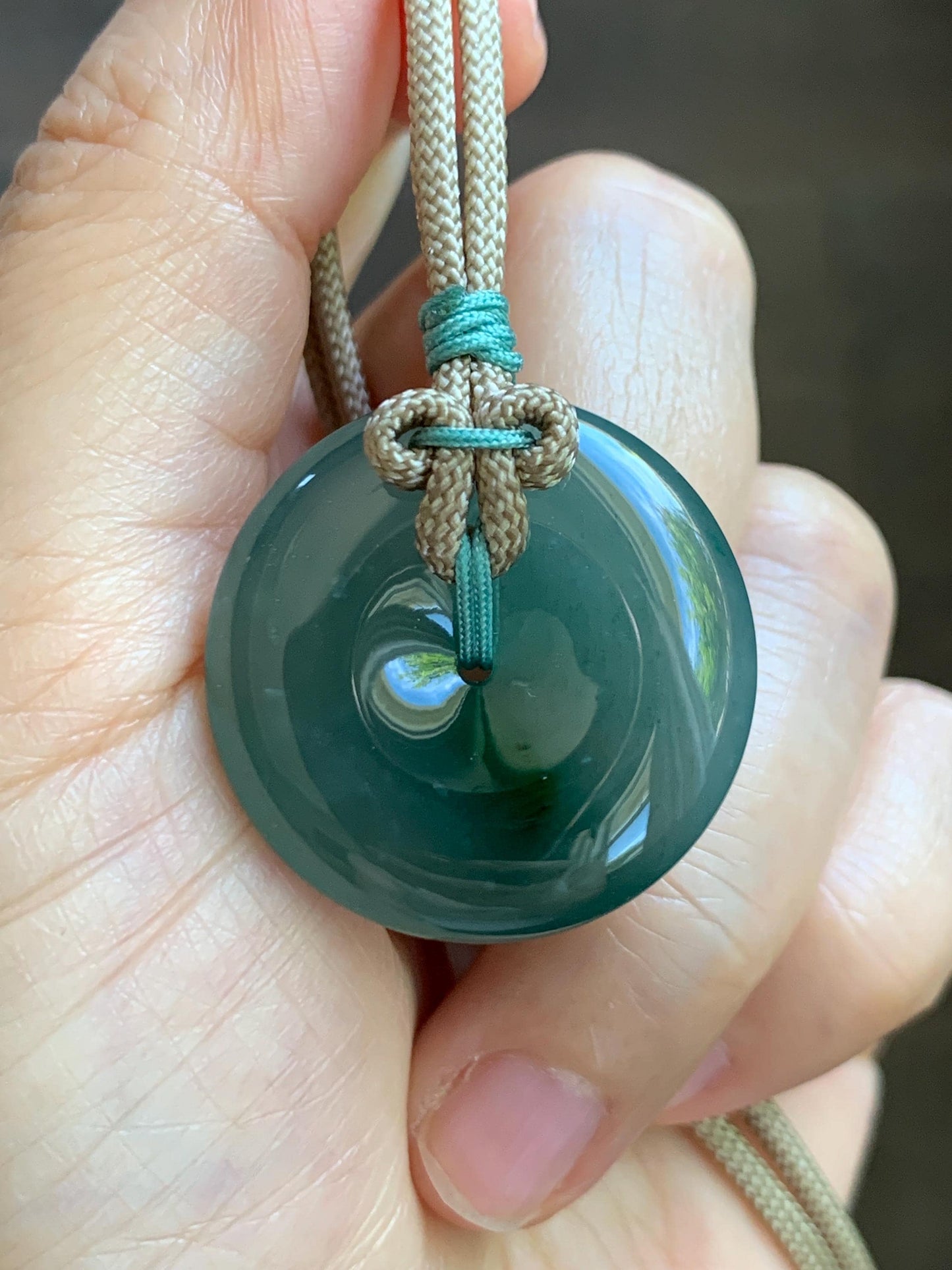 Natural Grade A Guatemalan Icy Translucent Dusty Teal Green Jade Jadeite Ping An Kou Donut Pendant Rope Necklace 24” 天然冰胶危蓝绿翡翠平安扣吊坠 WLP220