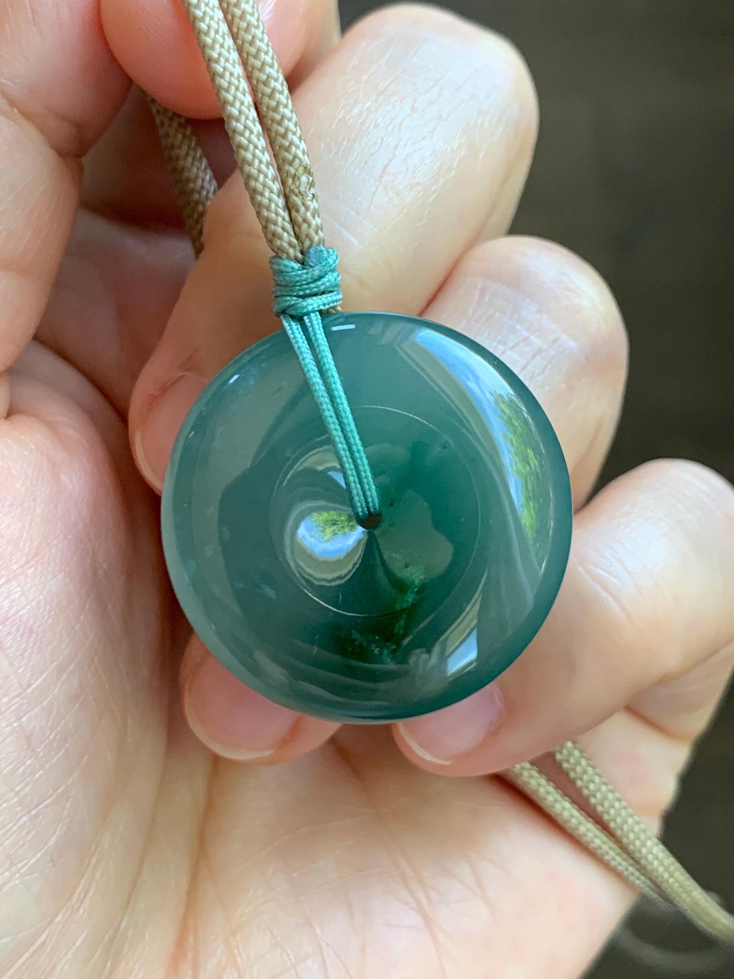 Natural Grade A Guatemalan Icy Translucent Dusty Teal Green Jade Jadeite Ping An Kou Donut Pendant Rope Necklace 24” 天然冰胶危蓝绿翡翠平安扣吊坠 WLP220