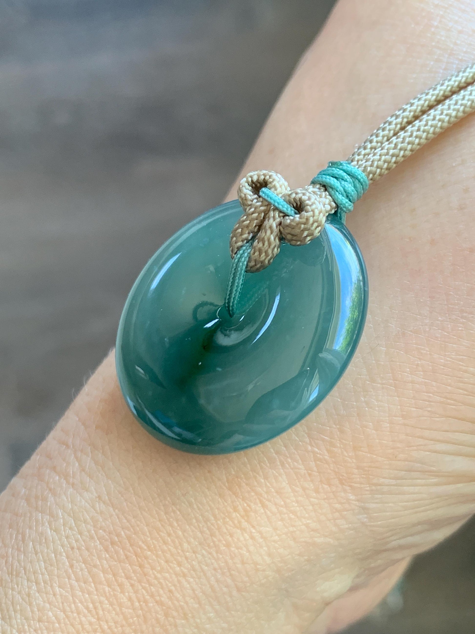 Natural Grade A Guatemalan Icy Translucent Dusty Teal Green Jade Jadeite Ping An Kou Donut Pendant Rope Necklace 24” 天然冰胶危蓝绿翡翠平安扣吊坠 WLP220