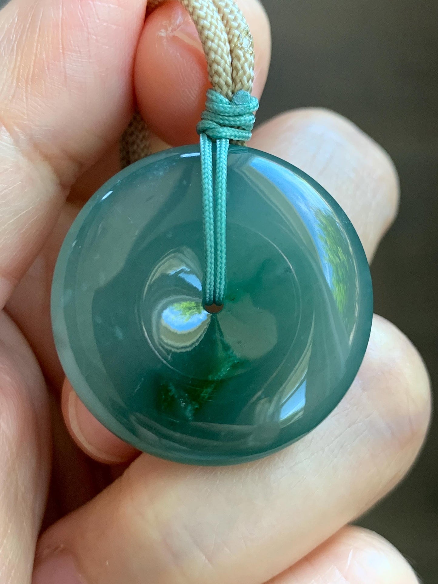 Natural Grade A Guatemalan Icy Translucent Dusty Teal Green Jade Jadeite Ping An Kou Donut Pendant Rope Necklace 24” 天然冰胶危蓝绿翡翠平安扣吊坠 WLP220