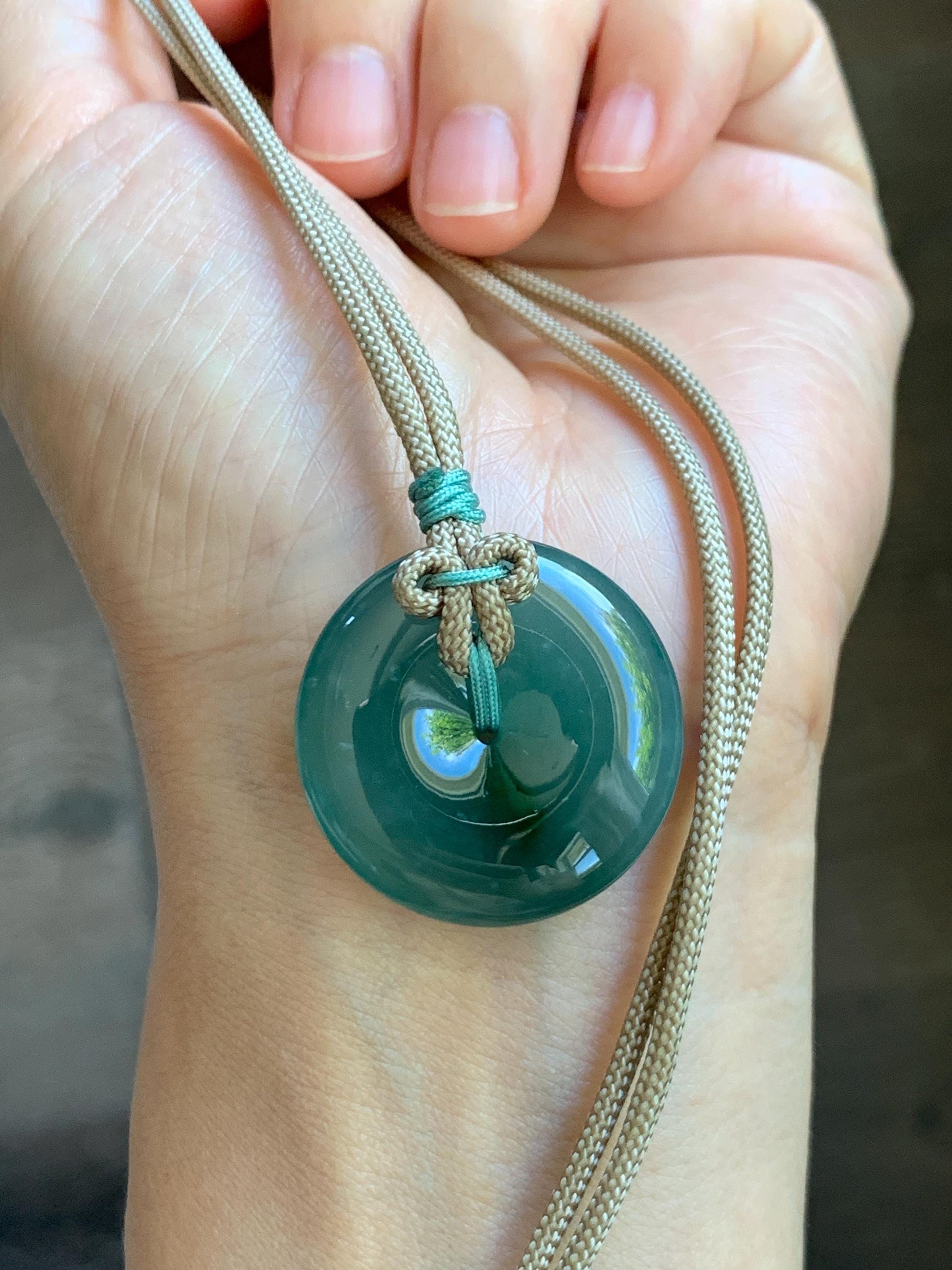 Natural Grade A Guatemalan Icy Translucent Dusty Teal Green Jade Jadeite Ping An Kou Donut Pendant Rope Necklace 24” 天然冰胶危蓝绿翡翠平安扣吊坠 WLP220