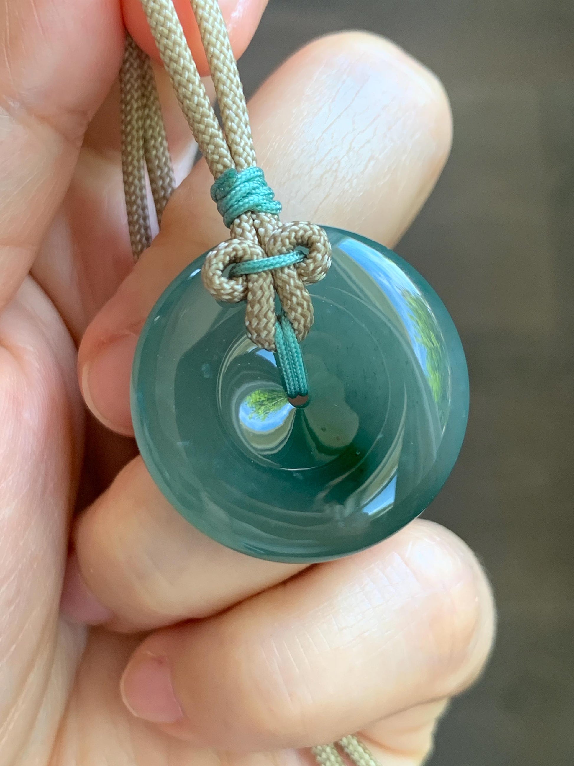 Natural Grade A Guatemalan Icy Translucent Dusty Teal Green Jade Jadeite Ping An Kou Donut Pendant Rope Necklace 24” 天然冰胶危蓝绿翡翠平安扣吊坠 WLP220
