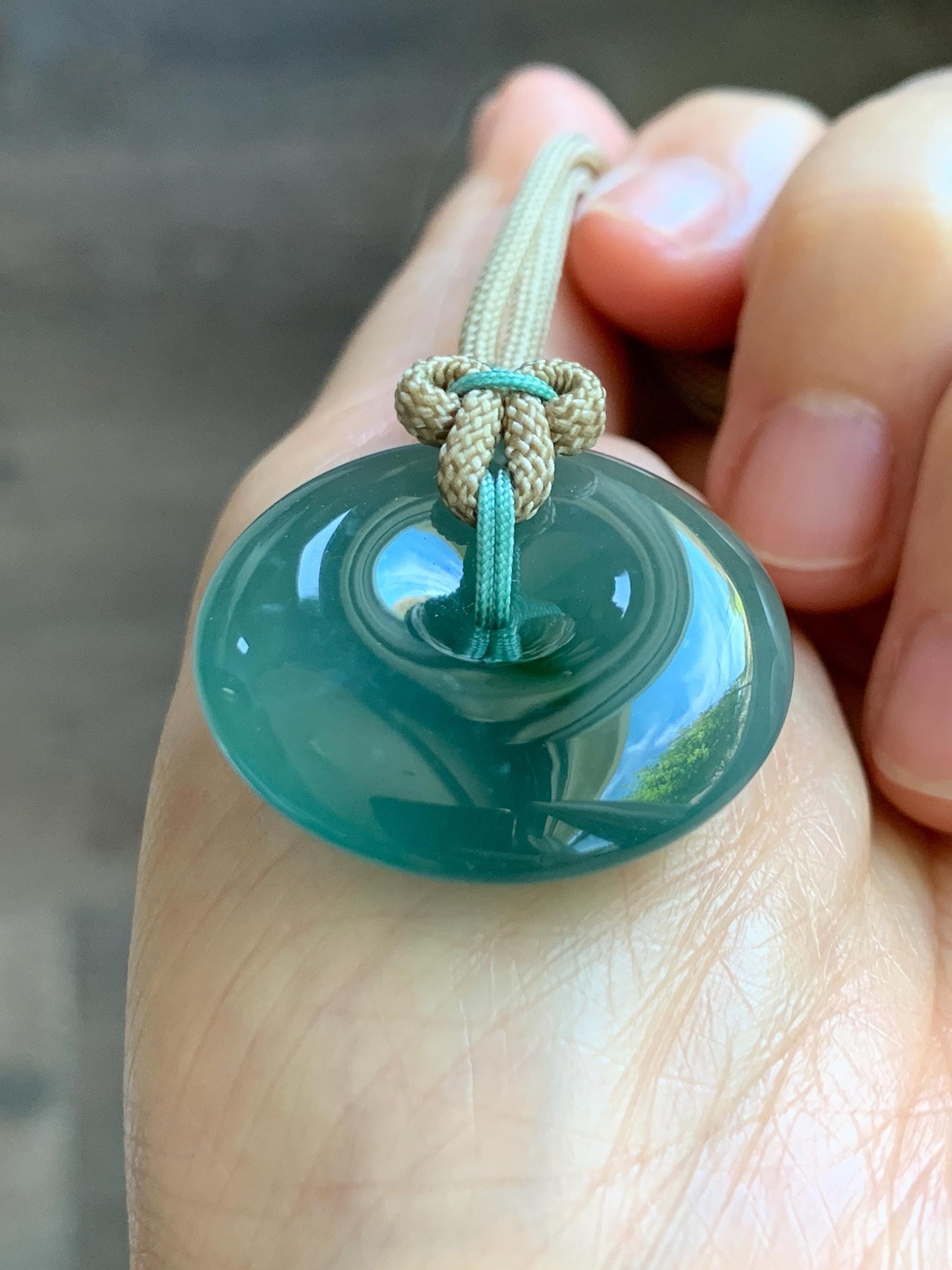 Natural Grade A Guatemalan Icy Translucent Dusty Teal Green Jade Jadeite Ping An Kou Donut Pendant Rope Necklace 24” 天然冰胶危蓝绿翡翠平安扣吊坠 WLP220