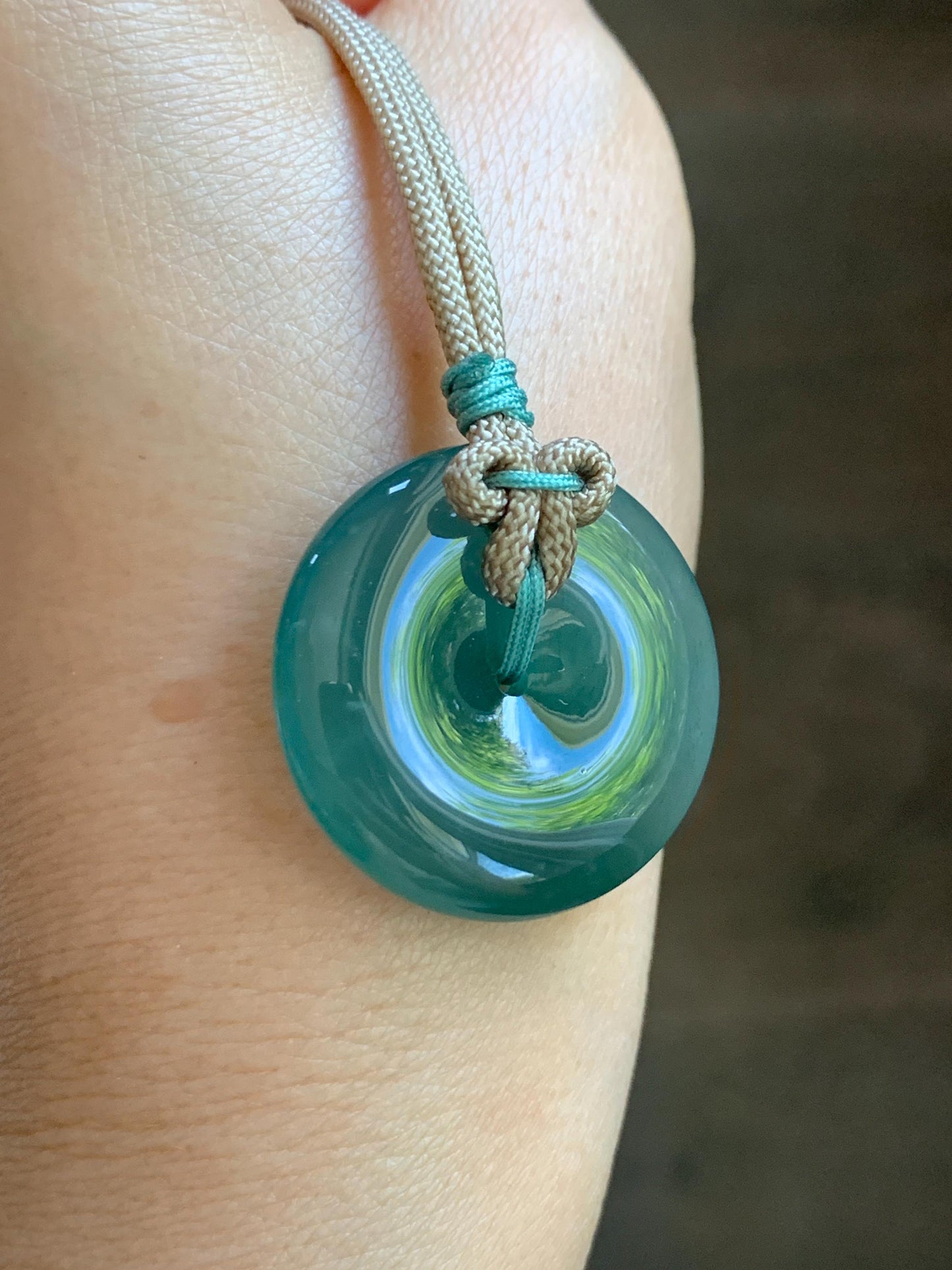 Natural Grade A Guatemalan Icy Translucent Dusty Teal Green Jade Jadeite Ping An Kou Donut Pendant Rope Necklace 24” 天然冰胶危蓝绿翡翠平安扣吊坠 WLP220