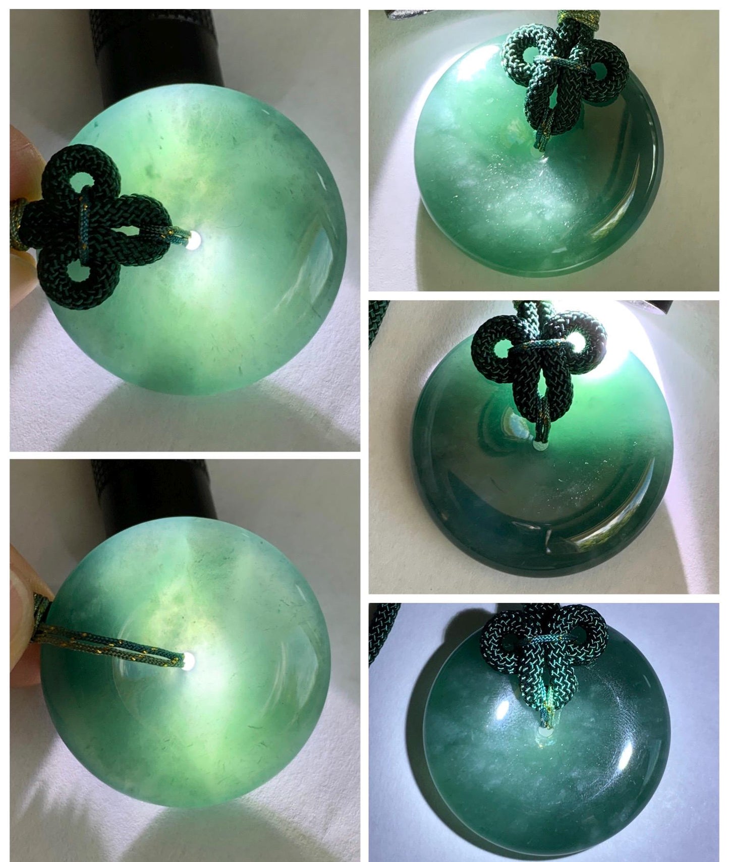 Natural Grade A Guatemalan Icy Translucent Dark Teal Blue Jade Jadeite Ping An Kou Donut Pendant Rope Necklace 24” 24g 天然冰胶危蓝翡翠平安扣吊坠 WLP110A