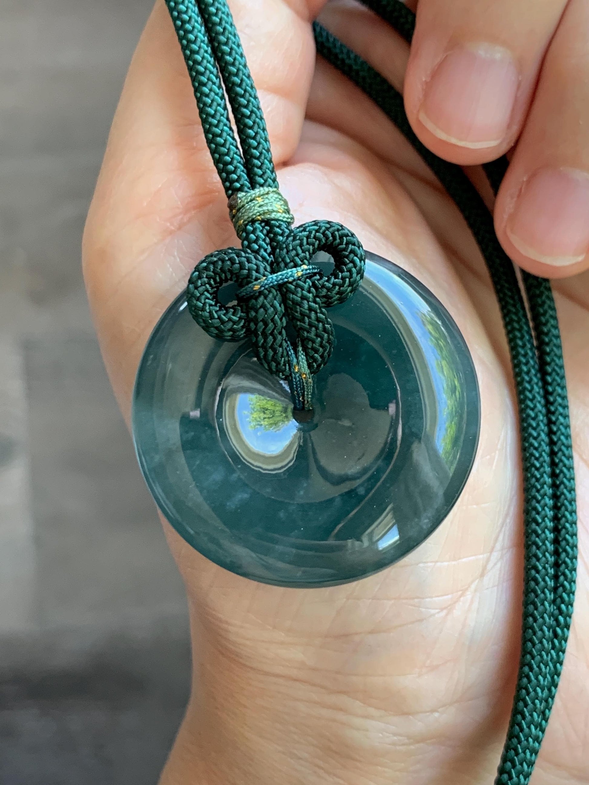 Natural Grade A Guatemalan Icy Translucent Dark Teal Blue Jade Jadeite Ping An Kou Donut Pendant Rope Necklace 24” 24g 天然冰胶危蓝翡翠平安扣吊坠 WLP110A