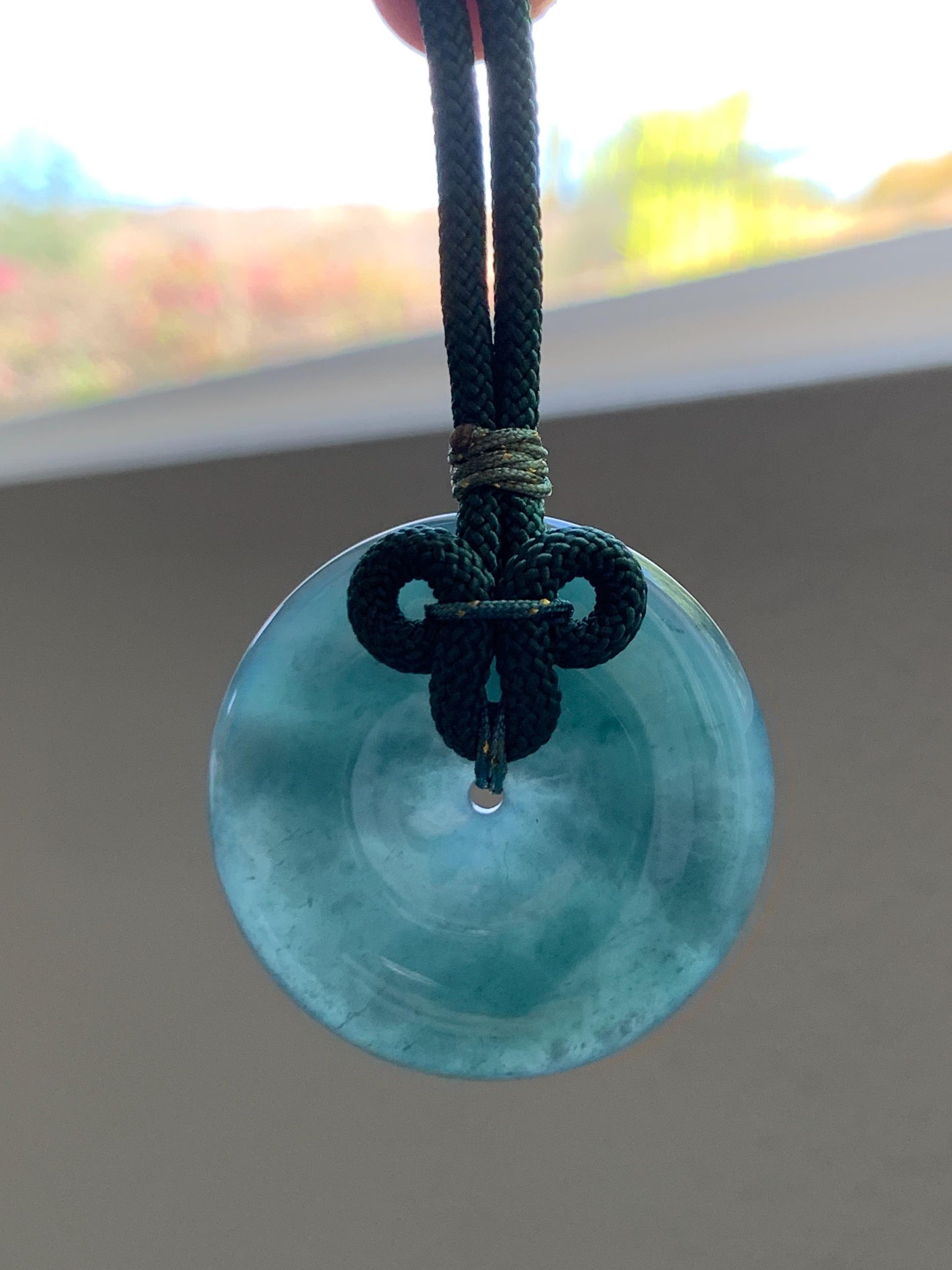 Natural Grade A Guatemalan Icy Translucent Dark Teal Blue Jade Jadeite Ping An Kou Donut Pendant Rope Necklace 24” 24g 天然冰胶危蓝翡翠平安扣吊坠 WLP110A