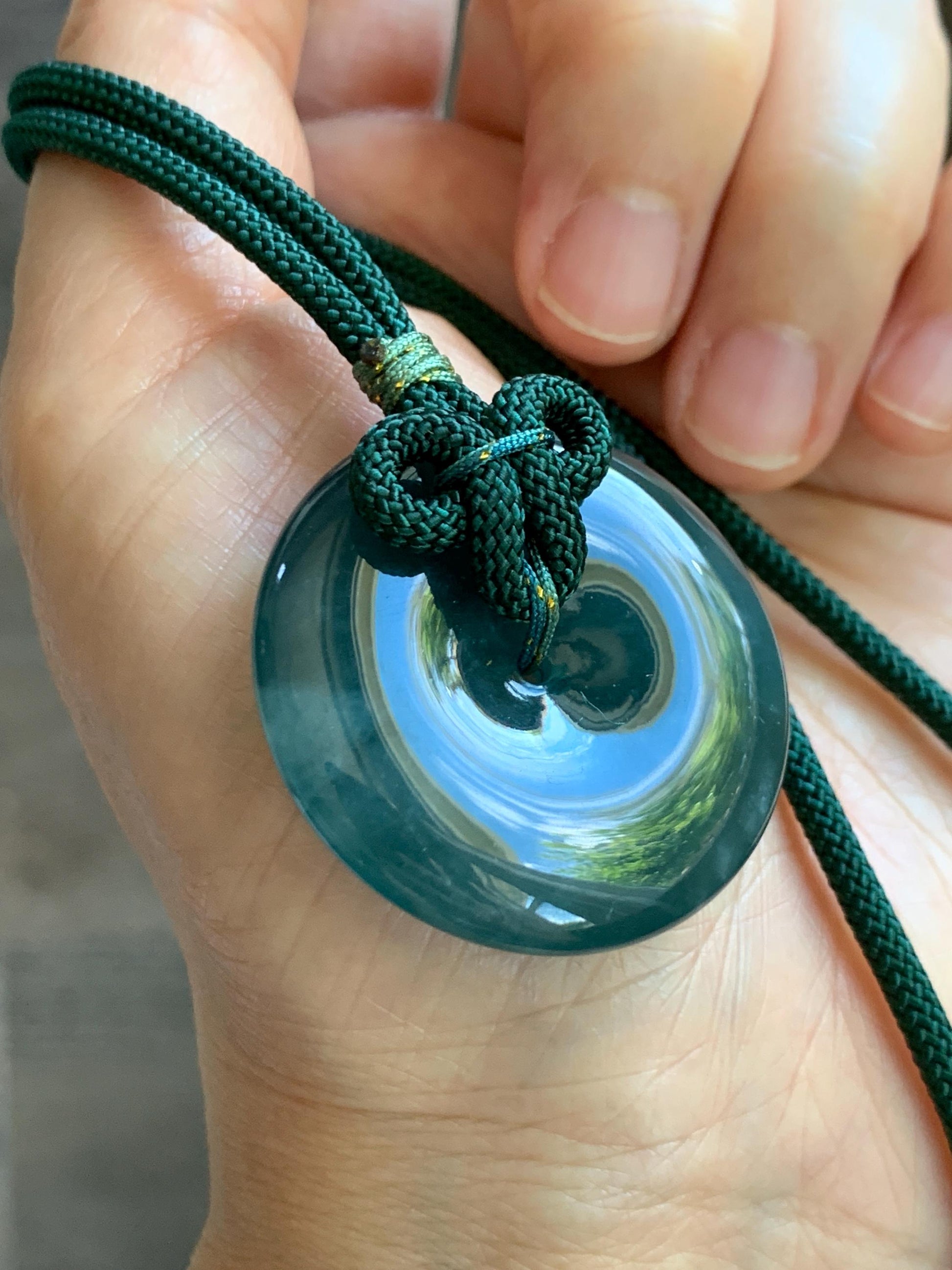 Natural Grade A Guatemalan Icy Translucent Dark Teal Blue Jade Jadeite Ping An Kou Donut Pendant Rope Necklace 24” 24g 天然冰胶危蓝翡翠平安扣吊坠 WLP110A