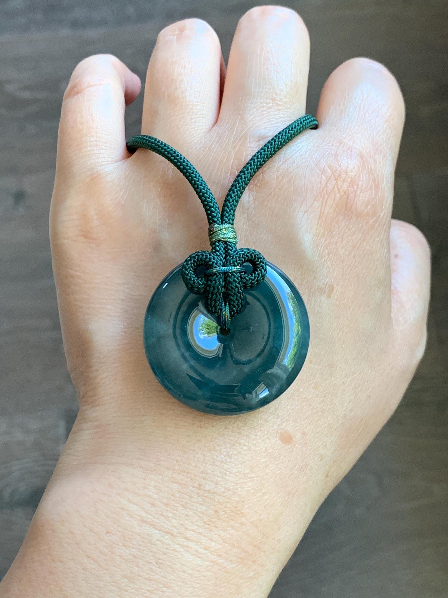 Natural Grade A Guatemalan Icy Translucent Dark Teal Blue Jade Jadeite Ping An Kou Donut Pendant Rope Necklace 24” 24g 天然冰胶危蓝翡翠平安扣吊坠 WLP110A