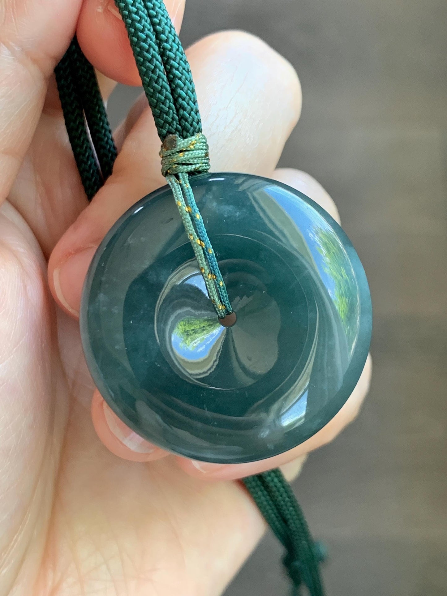 Natural Grade A Guatemalan Icy Translucent Dark Teal Blue Jade Jadeite Ping An Kou Donut Pendant Rope Necklace 24” 24g 天然冰胶危蓝翡翠平安扣吊坠 WLP110A