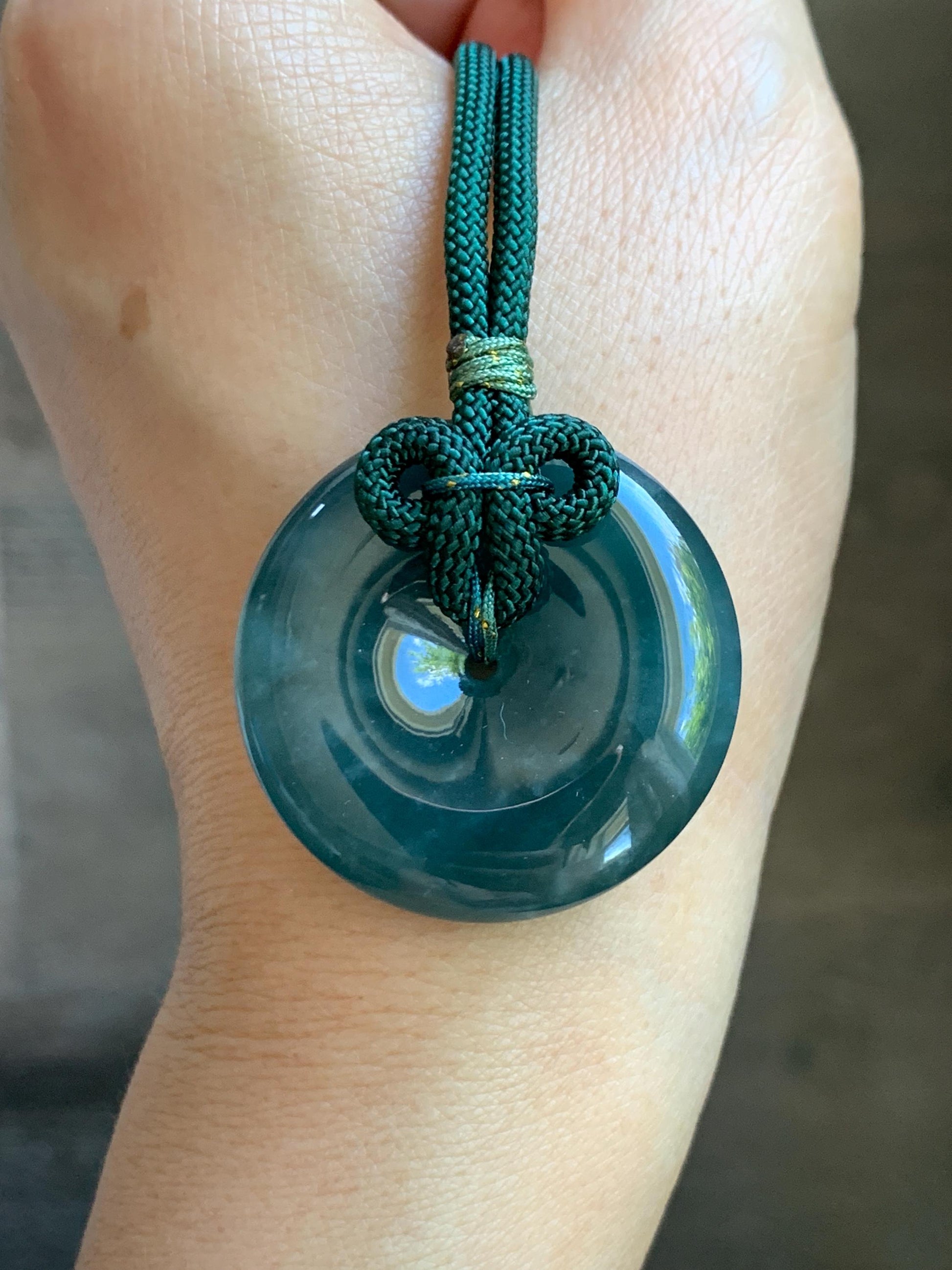 Natural Grade A Guatemalan Icy Translucent Dark Teal Blue Jade Jadeite Ping An Kou Donut Pendant Rope Necklace 24” 24g 天然冰胶危蓝翡翠平安扣吊坠 WLP110A