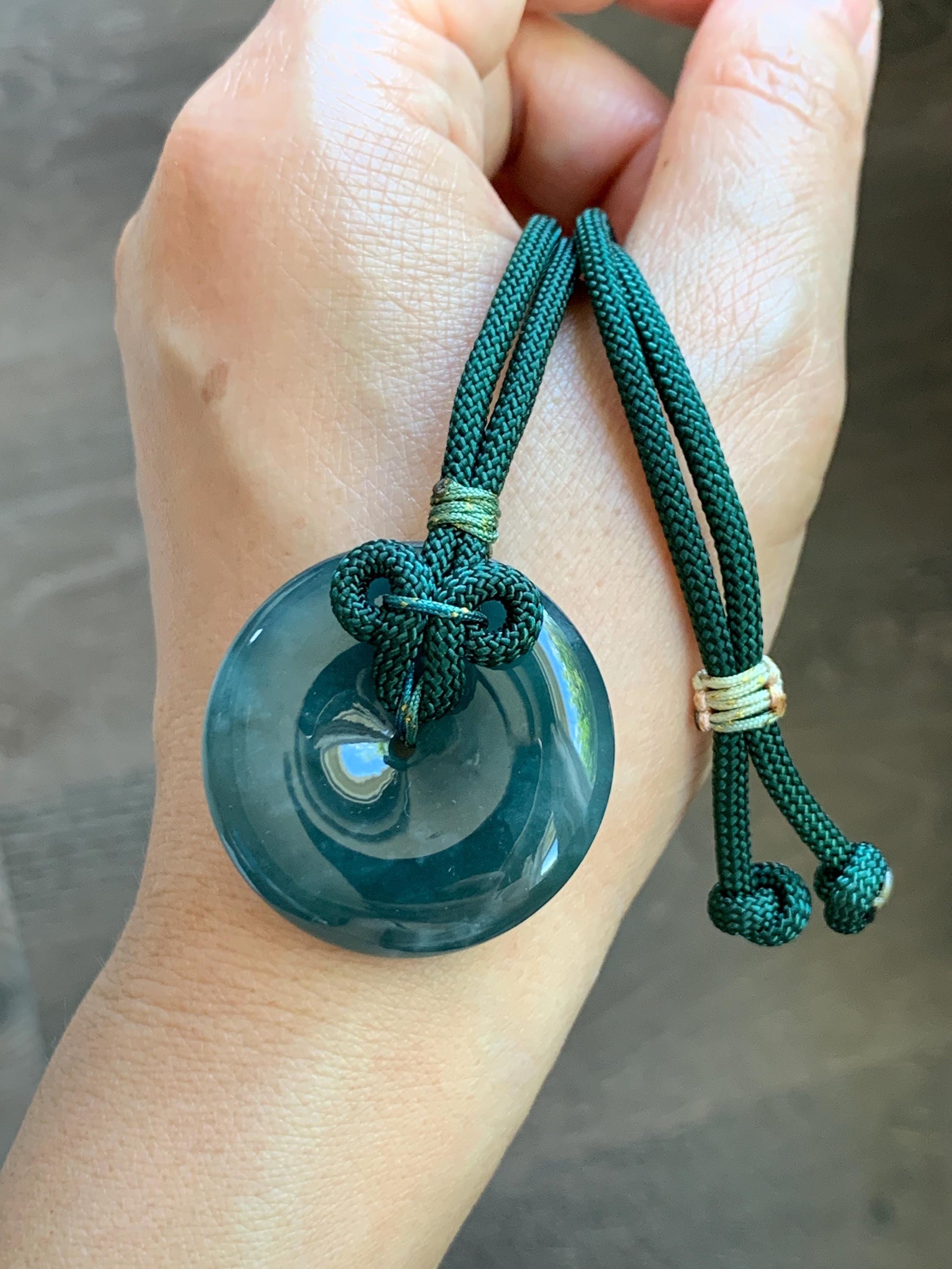 Natural Grade A Guatemalan Icy Translucent Dark Teal Blue Jade Jadeite Ping An Kou Donut Pendant Rope Necklace 24” 24g 天然冰胶危蓝翡翠平安扣吊坠 WLP110A