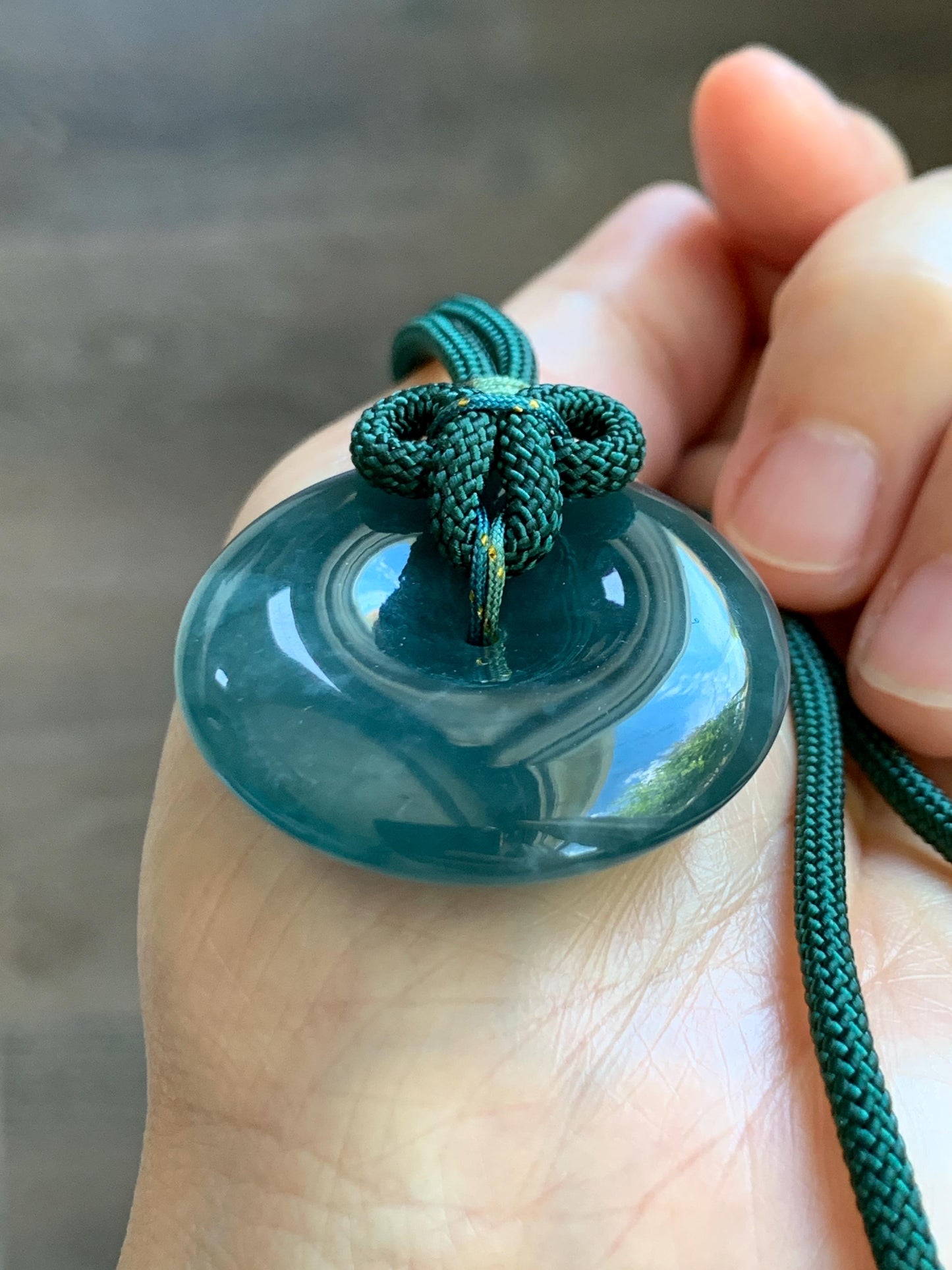 Natural Grade A Guatemalan Icy Translucent Dark Teal Blue Jade Jadeite Ping An Kou Donut Pendant Rope Necklace 24” 24g 天然冰胶危蓝翡翠平安扣吊坠 WLP110A