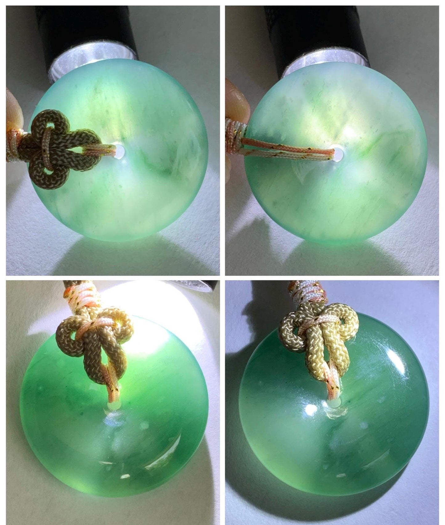Natural Grade A Guatemalan Icy Translucent Dusty Teal Green Jade Jadeite Ping An Kou Donut Pendant Rope Necklace 25” 天然冰胶危蓝绿翡翠平安扣吊坠 WLP110B