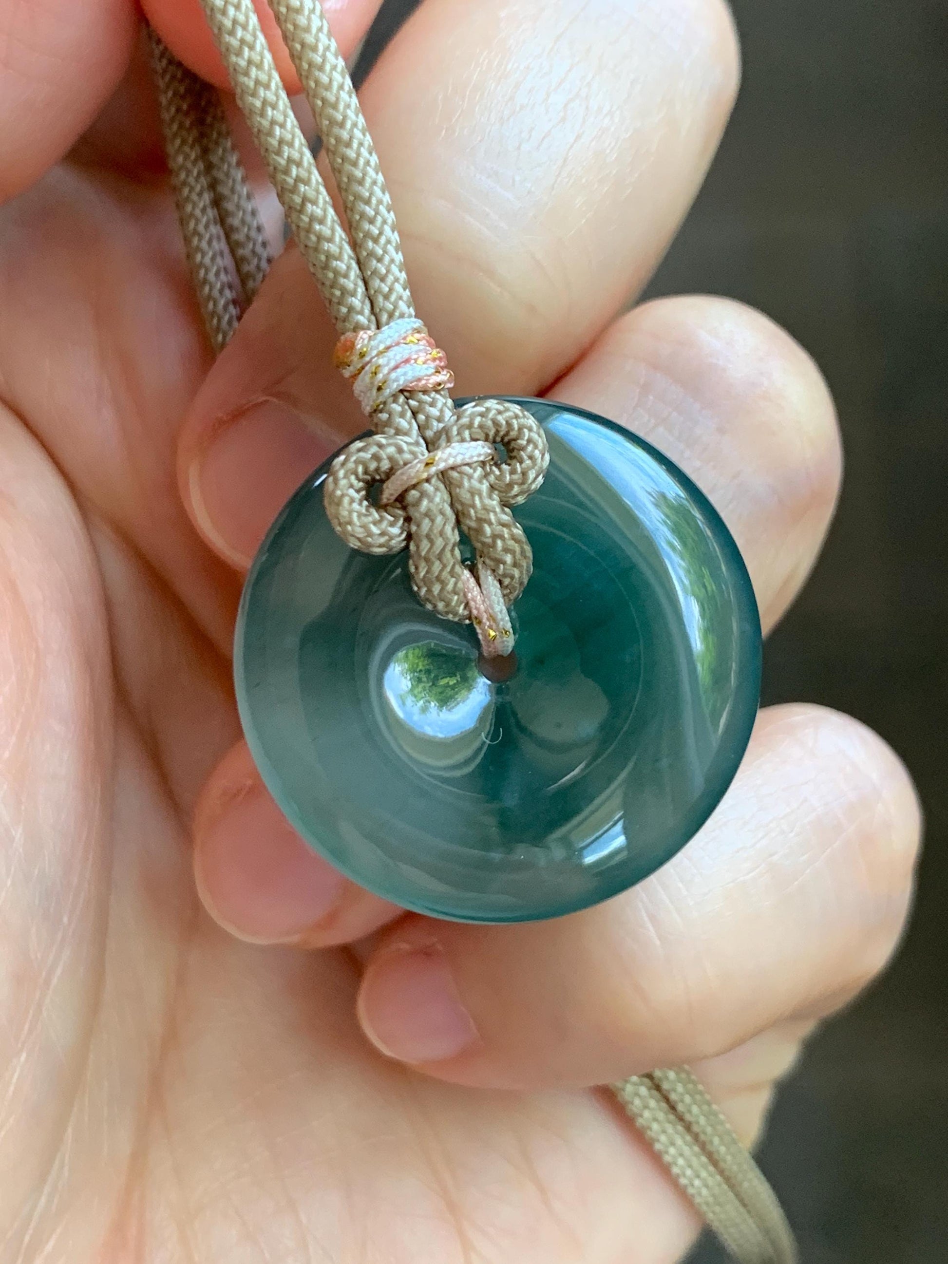 Natural Grade A Guatemalan Icy Translucent Dusty Teal Green Jade Jadeite Ping An Kou Donut Pendant Rope Necklace 25” 天然冰胶危蓝绿翡翠平安扣吊坠 WLP110B
