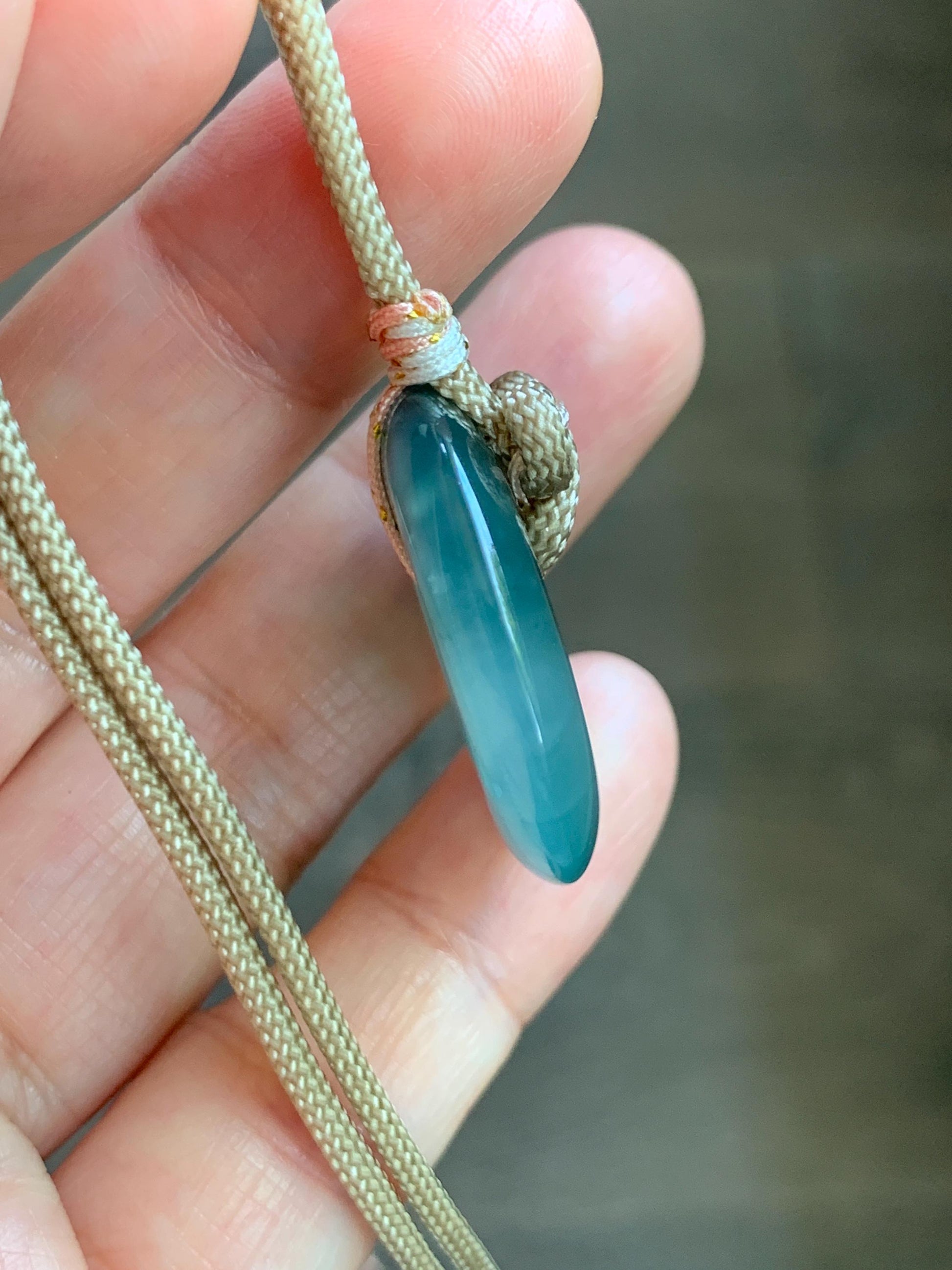 Natural Grade A Guatemalan Icy Translucent Dusty Teal Green Jade Jadeite Ping An Kou Donut Pendant Rope Necklace 25” 天然冰胶危蓝绿翡翠平安扣吊坠 WLP110B