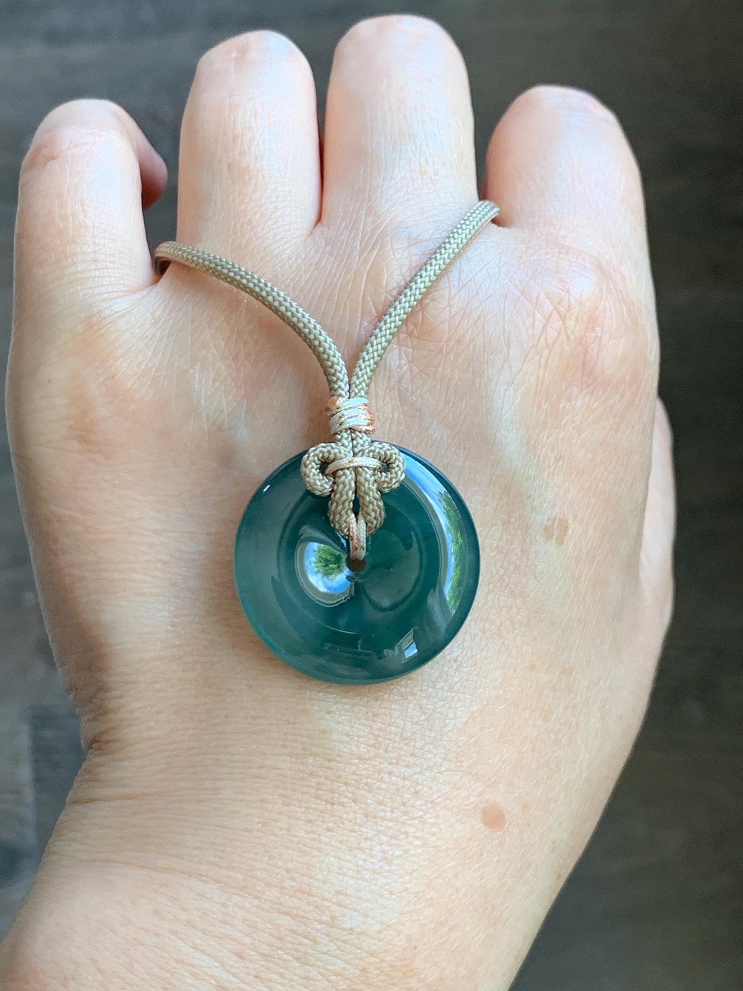 Natural Grade A Guatemalan Icy Translucent Dusty Teal Green Jade Jadeite Ping An Kou Donut Pendant Rope Necklace 25” 天然冰胶危蓝绿翡翠平安扣吊坠 WLP110B
