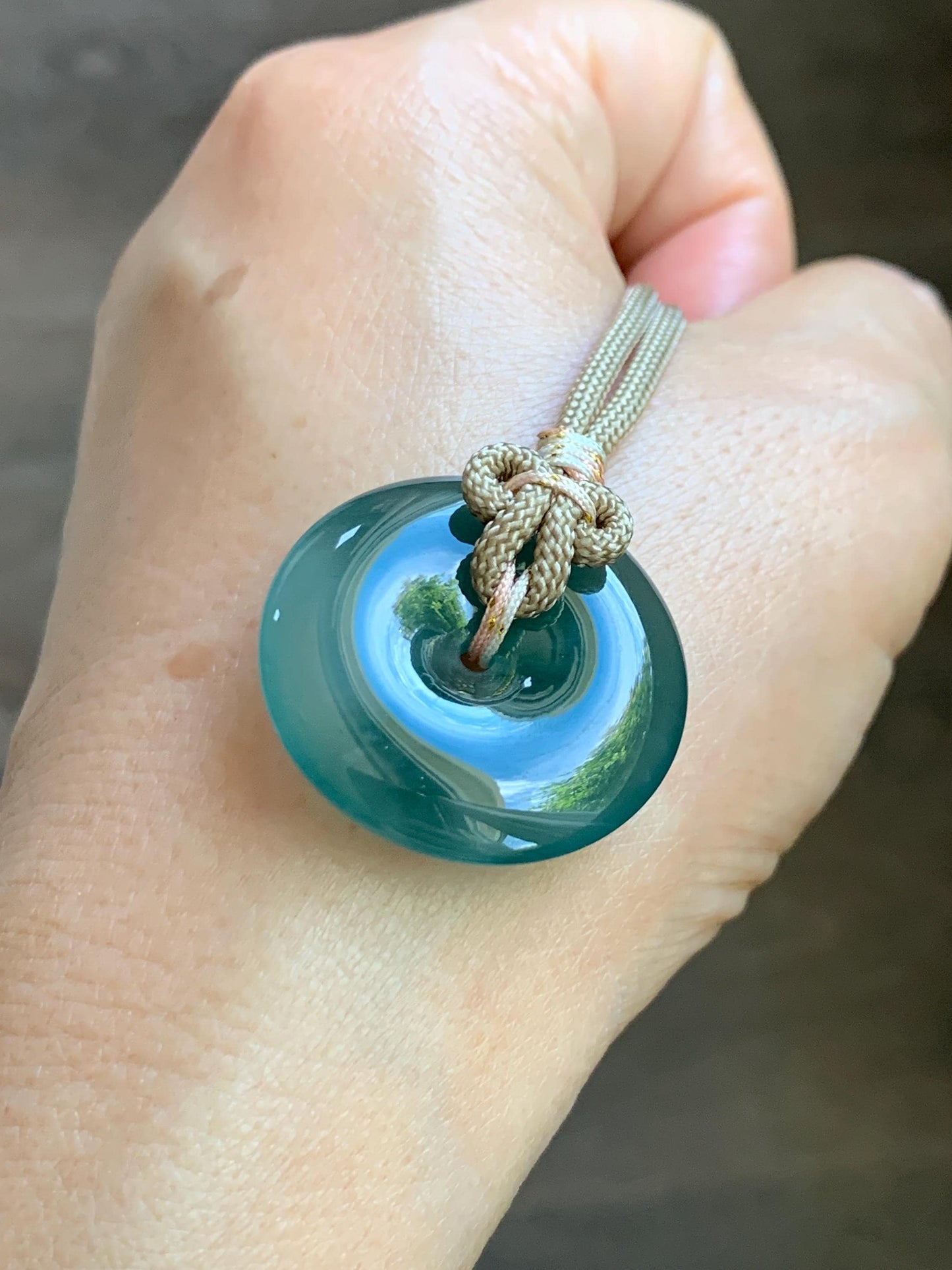 Natural Grade A Guatemalan Icy Translucent Dusty Teal Green Jade Jadeite Ping An Kou Donut Pendant Rope Necklace 25” 天然冰胶危蓝绿翡翠平安扣吊坠 WLP110B