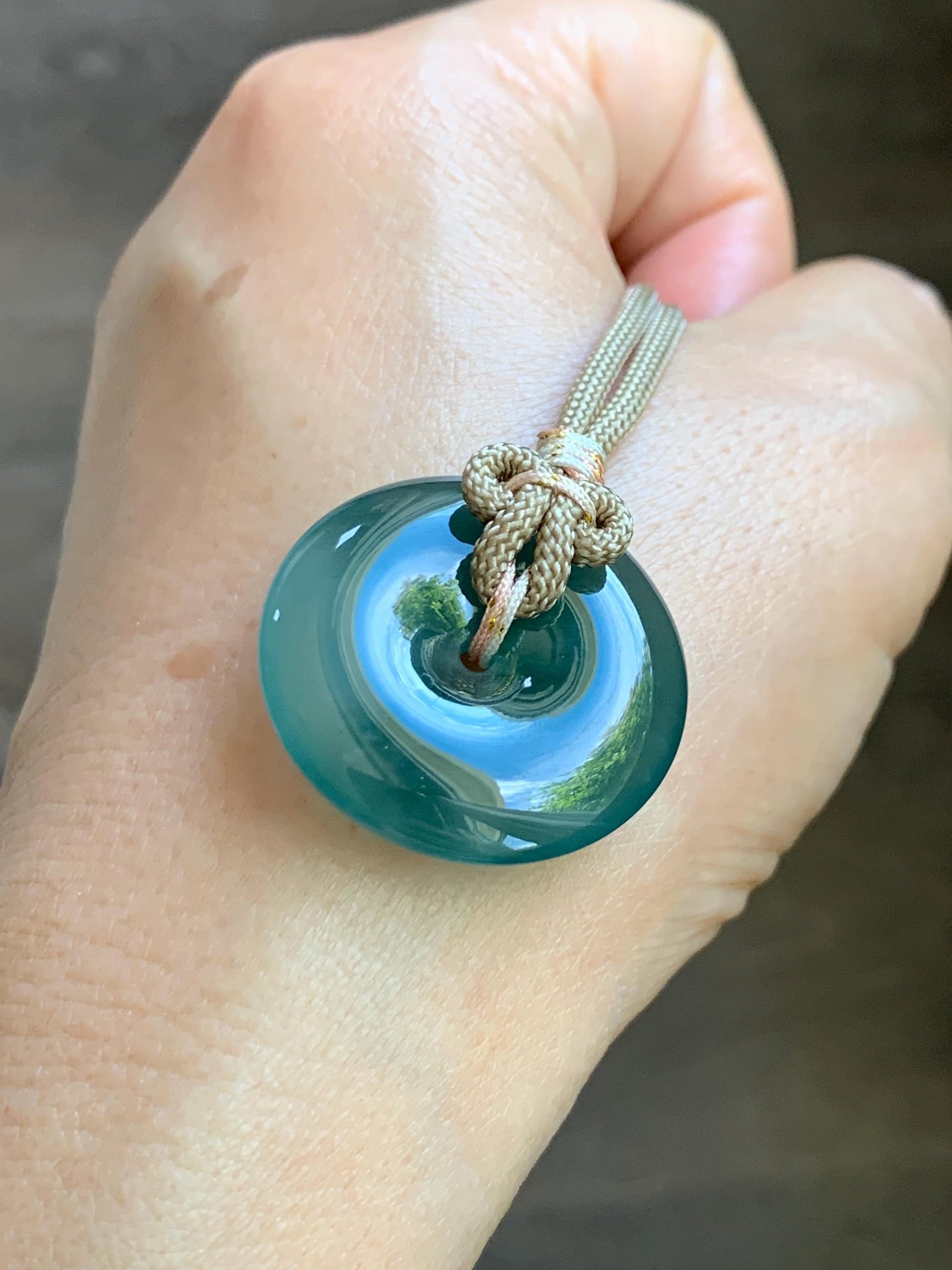 Natural Grade A Guatemalan Icy Translucent Dusty Teal Green Jade Jadeite Ping An Kou Donut Pendant Rope Necklace 25” 天然冰胶危蓝绿翡翠平安扣吊坠 WLP110B