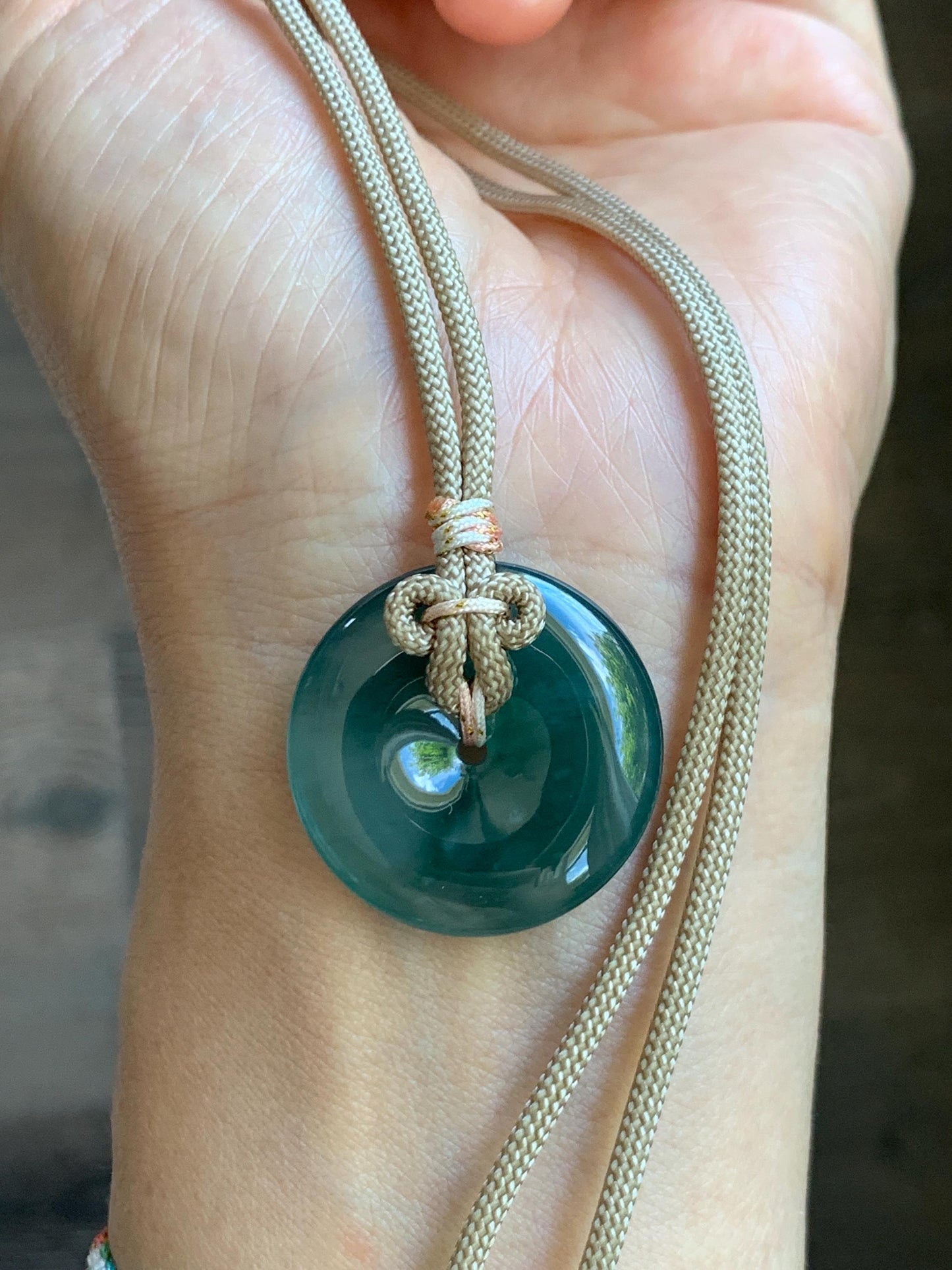 Natural Grade A Guatemalan Icy Translucent Dusty Teal Green Jade Jadeite Ping An Kou Donut Pendant Rope Necklace 25” 天然冰胶危蓝绿翡翠平安扣吊坠 WLP110B