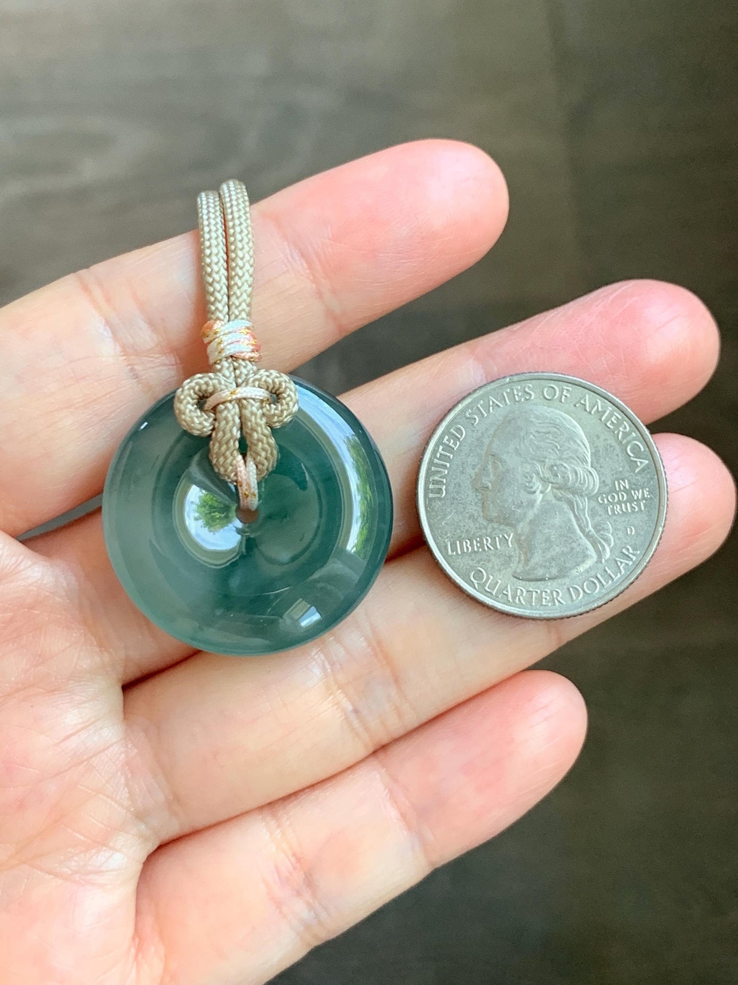 Natural Grade A Guatemalan Icy Translucent Dusty Teal Green Jade Jadeite Ping An Kou Donut Pendant Rope Necklace 25” 天然冰胶危蓝绿翡翠平安扣吊坠 WLP110B