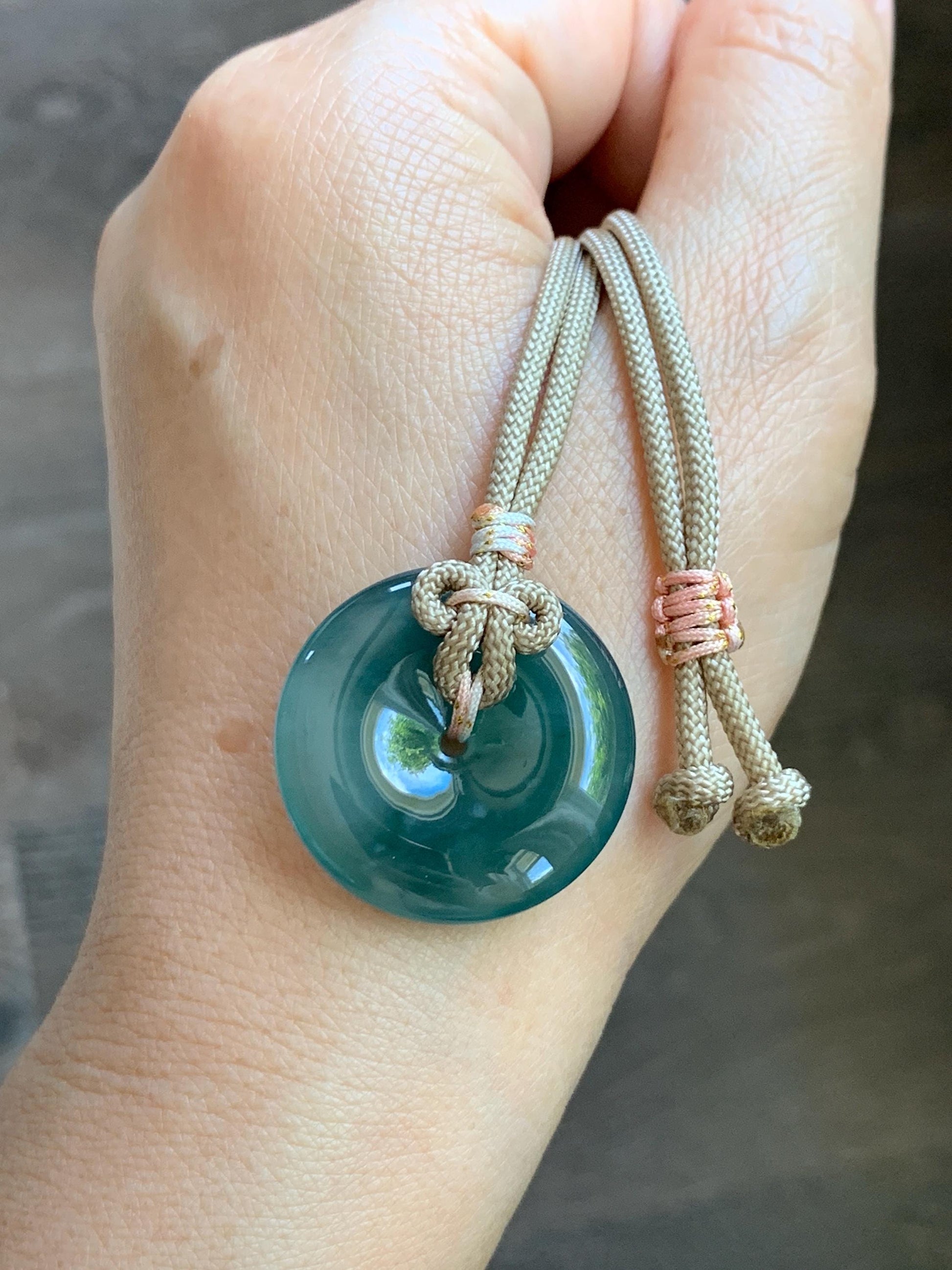 Natural Grade A Guatemalan Icy Translucent Dusty Teal Green Jade Jadeite Ping An Kou Donut Pendant Rope Necklace 25” 天然冰胶危蓝绿翡翠平安扣吊坠 WLP110B