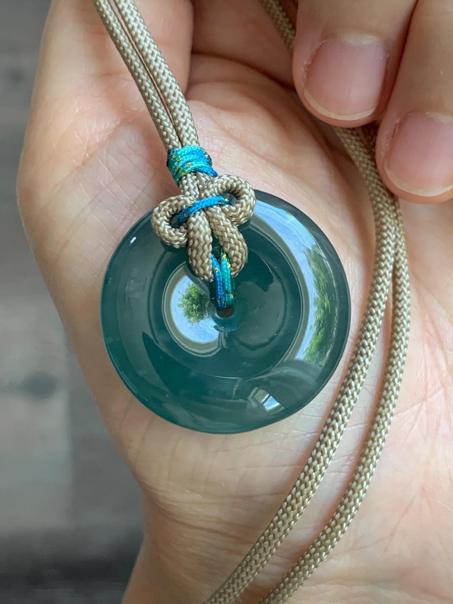 Natural Grade A Guatemalan Icy Translucent Dark Teal Blue Jade Jadeite Ping An Kou Donut Pendant Rope Necklace 24” 15g 天然冰胶危蓝翡翠平安扣吊坠 WLP110C