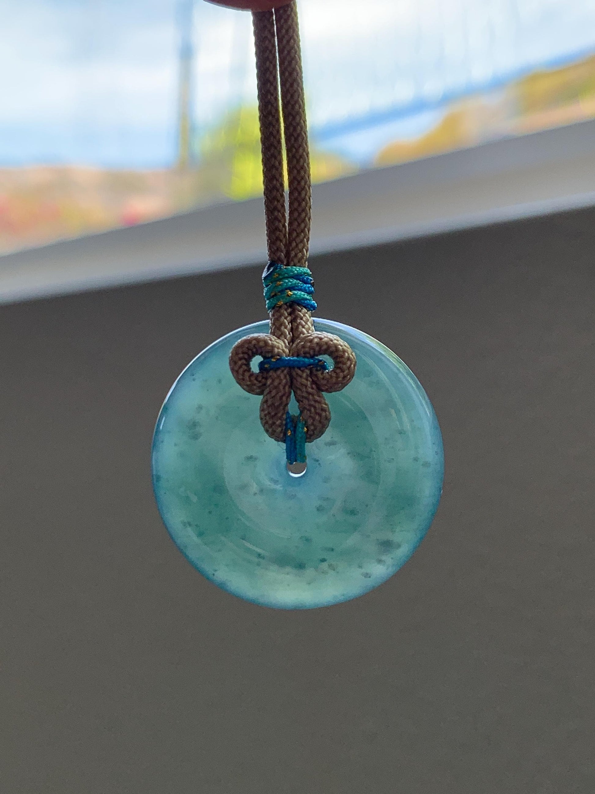 Natural Grade A Guatemalan Icy Translucent Dark Teal Blue Jade Jadeite Ping An Kou Donut Pendant Rope Necklace 24” 15g 天然冰胶危蓝翡翠平安扣吊坠 WLP110C