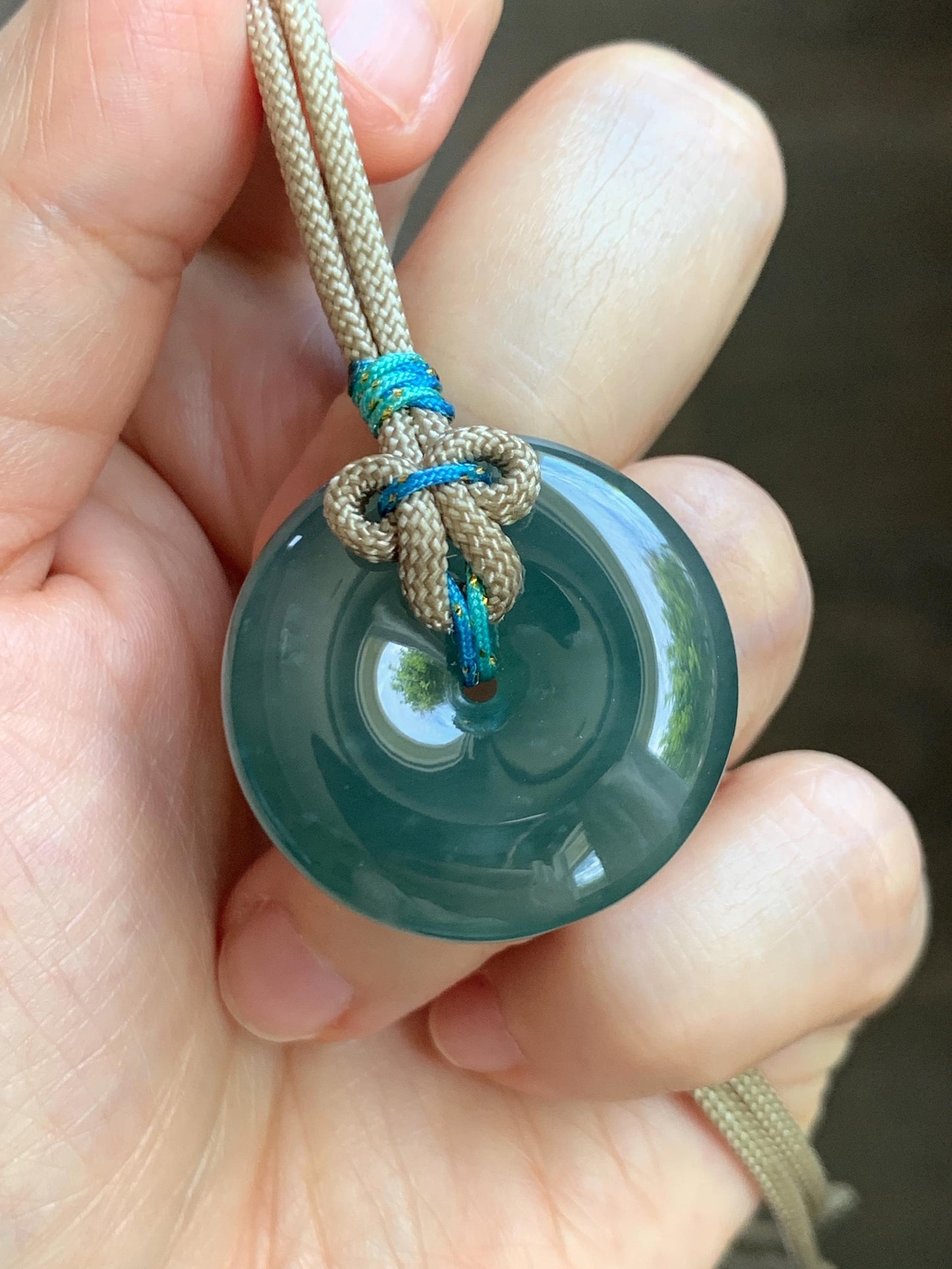Natural Grade A Guatemalan Icy Translucent Dark Teal Blue Jade Jadeite Ping An Kou Donut Pendant Rope Necklace 24” 15g 天然冰胶危蓝翡翠平安扣吊坠 WLP110C