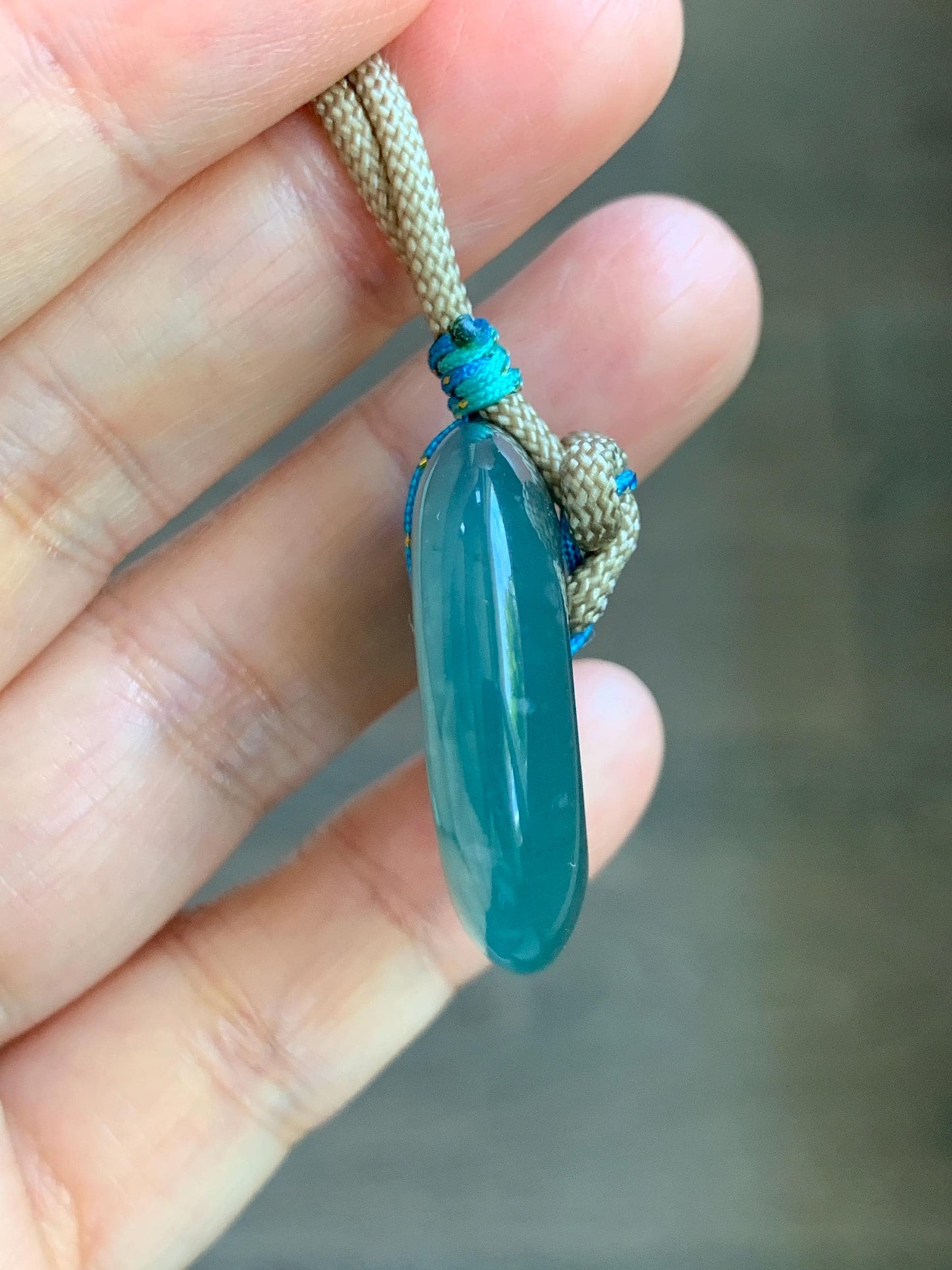 Natural Grade A Guatemalan Icy Translucent Dark Teal Blue Jade Jadeite Ping An Kou Donut Pendant Rope Necklace 24” 15g 天然冰胶危蓝翡翠平安扣吊坠 WLP110C