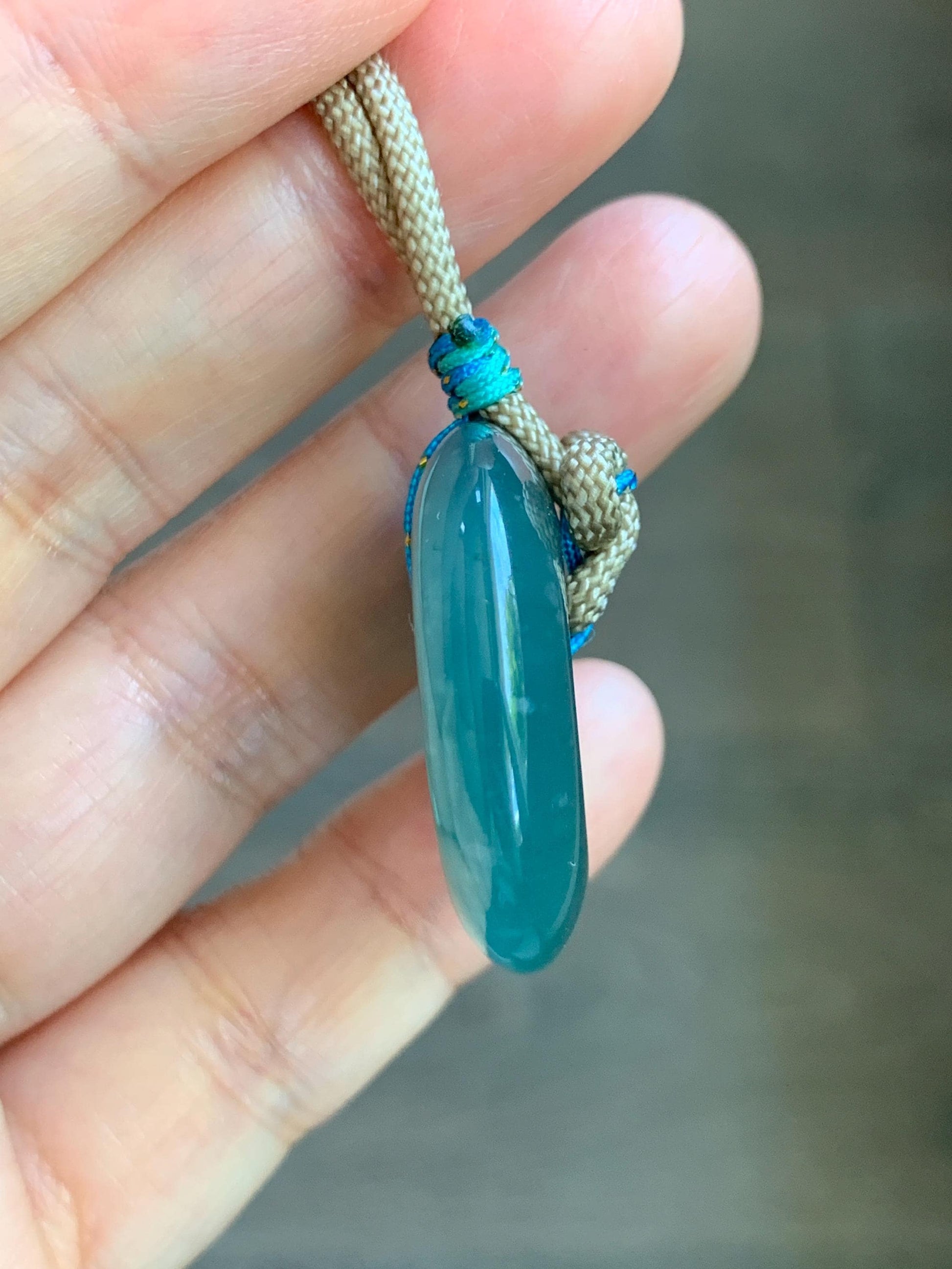 Natural Grade A Guatemalan Icy Translucent Dark Teal Blue Jade Jadeite Ping An Kou Donut Pendant Rope Necklace 24” 15g 天然冰胶危蓝翡翠平安扣吊坠 WLP110C