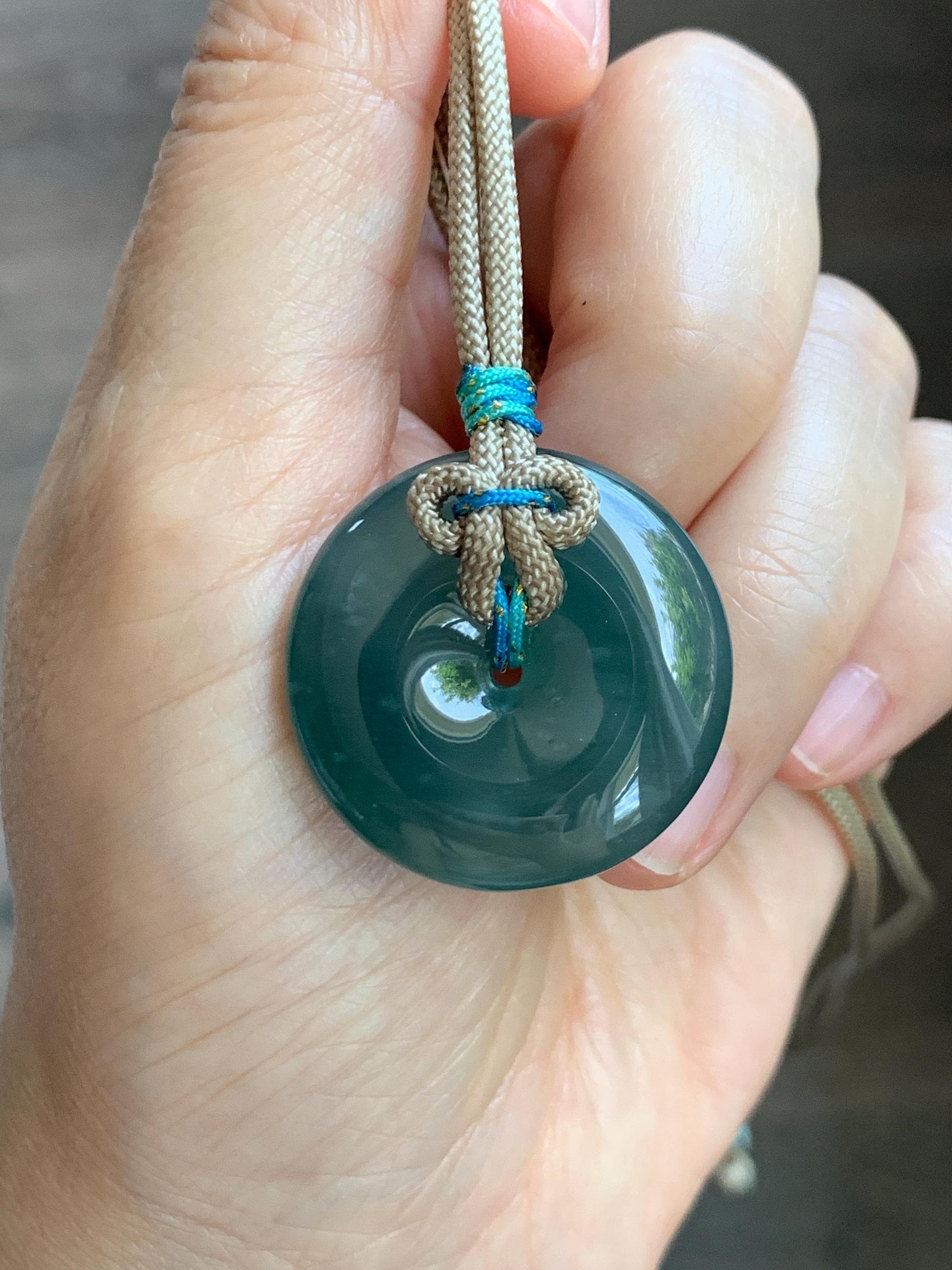 Natural Grade A Guatemalan Icy Translucent Dark Teal Blue Jade Jadeite Ping An Kou Donut Pendant Rope Necklace 24” 15g 天然冰胶危蓝翡翠平安扣吊坠 WLP110C