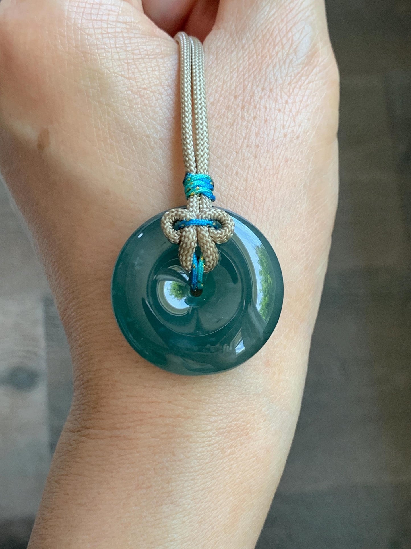Natural Grade A Guatemalan Icy Translucent Dark Teal Blue Jade Jadeite Ping An Kou Donut Pendant Rope Necklace 24” 15g 天然冰胶危蓝翡翠平安扣吊坠 WLP110C