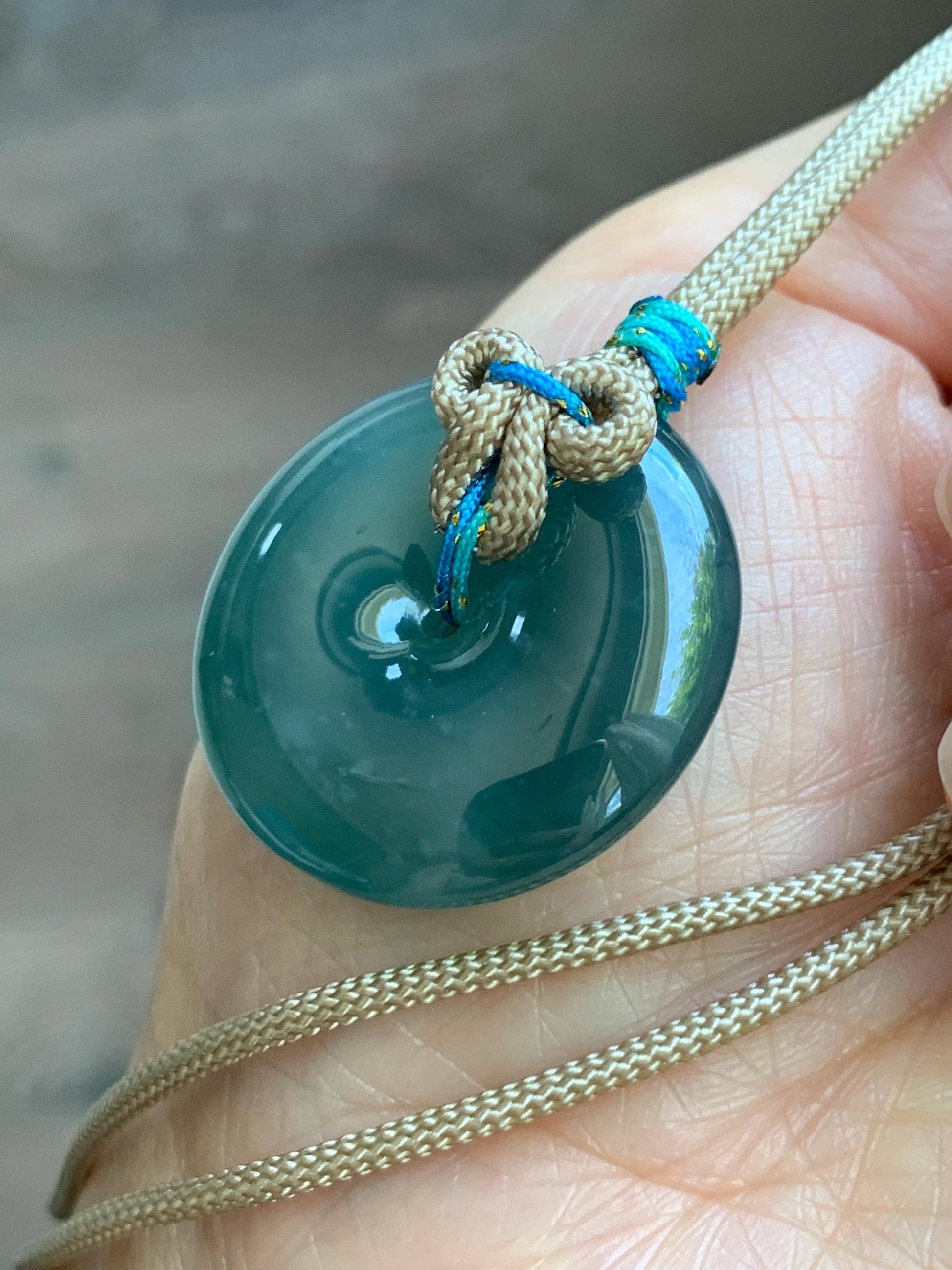Natural Grade A Guatemalan Icy Translucent Dark Teal Blue Jade Jadeite Ping An Kou Donut Pendant Rope Necklace 24” 15g 天然冰胶危蓝翡翠平安扣吊坠 WLP110C