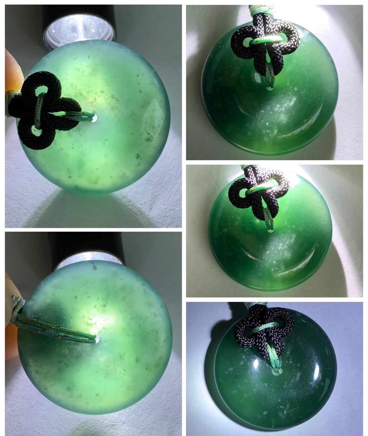 Natural Grade A Guatemalan Icy Translucent Dark Teal Green Jade Jadeite Ping An Kou Donut Pendant Rope Necklace 25” 天然冰胶危深蓝绿翡翠平安扣吊坠 WLP110D