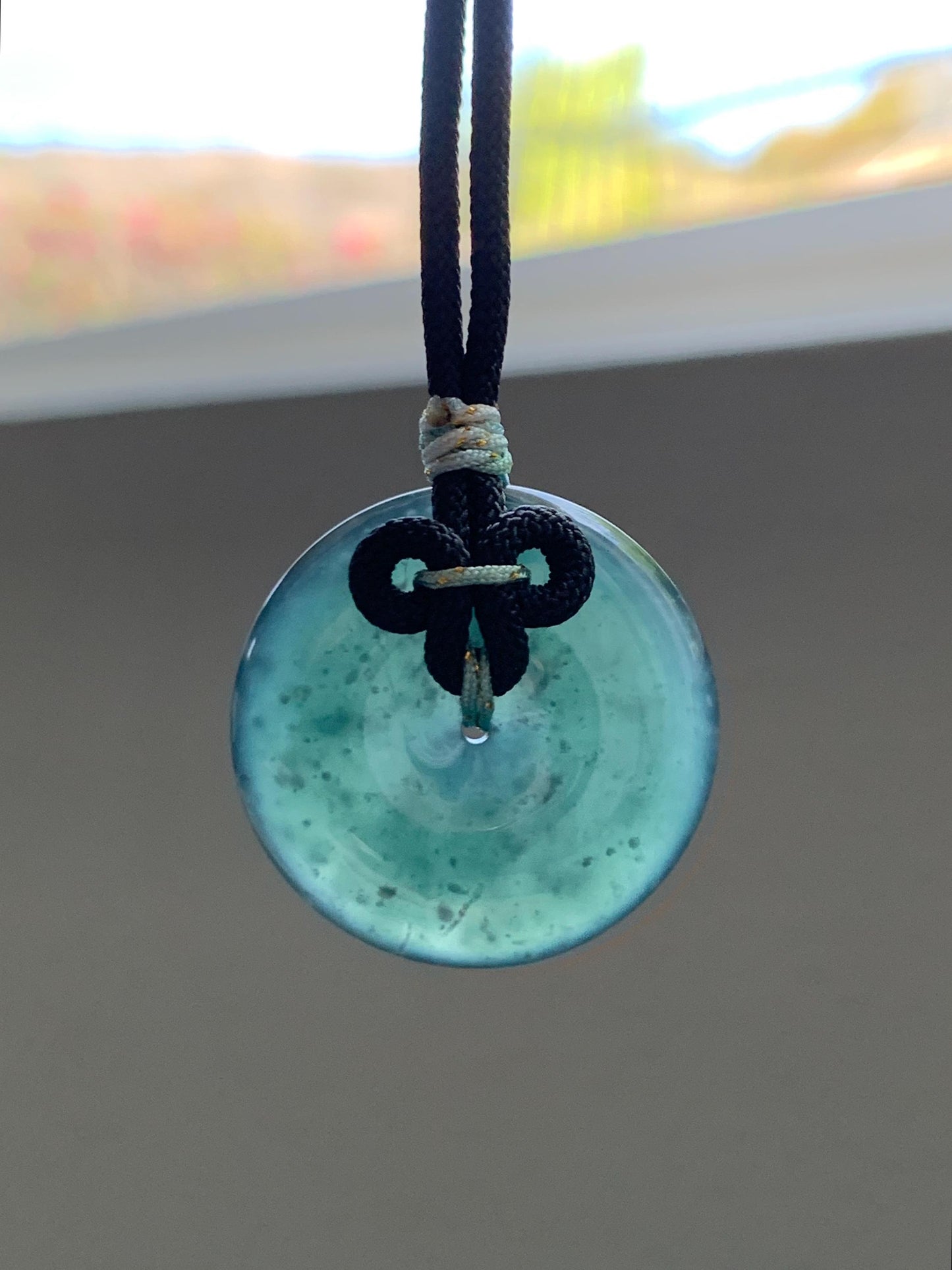 Natural Grade A Guatemalan Icy Translucent Dark Teal Green Jade Jadeite Ping An Kou Donut Pendant Rope Necklace 25” 天然冰胶危深蓝绿翡翠平安扣吊坠 WLP110D