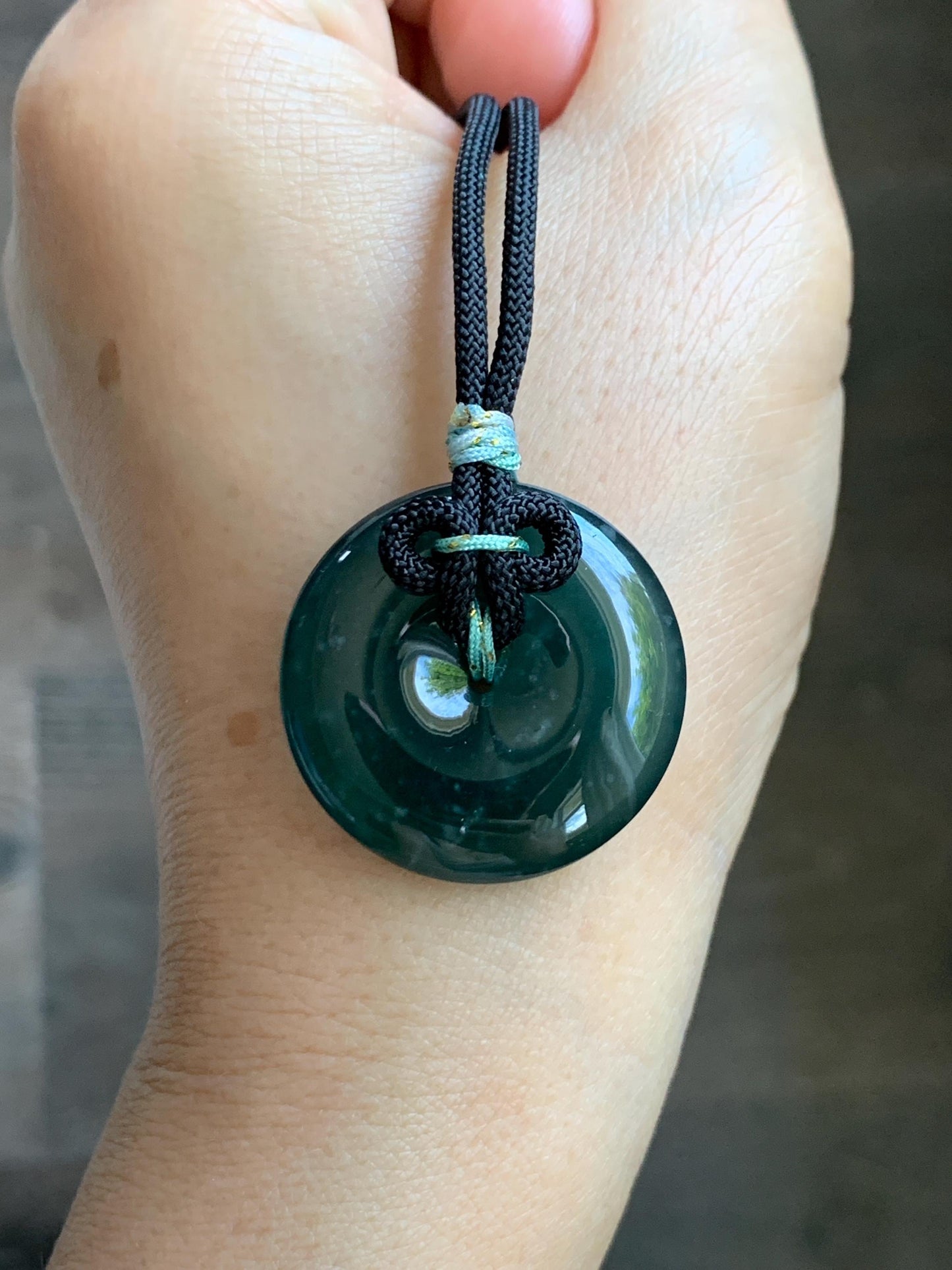 Natural Grade A Guatemalan Icy Translucent Dark Teal Green Jade Jadeite Ping An Kou Donut Pendant Rope Necklace 25” 天然冰胶危深蓝绿翡翠平安扣吊坠 WLP110D