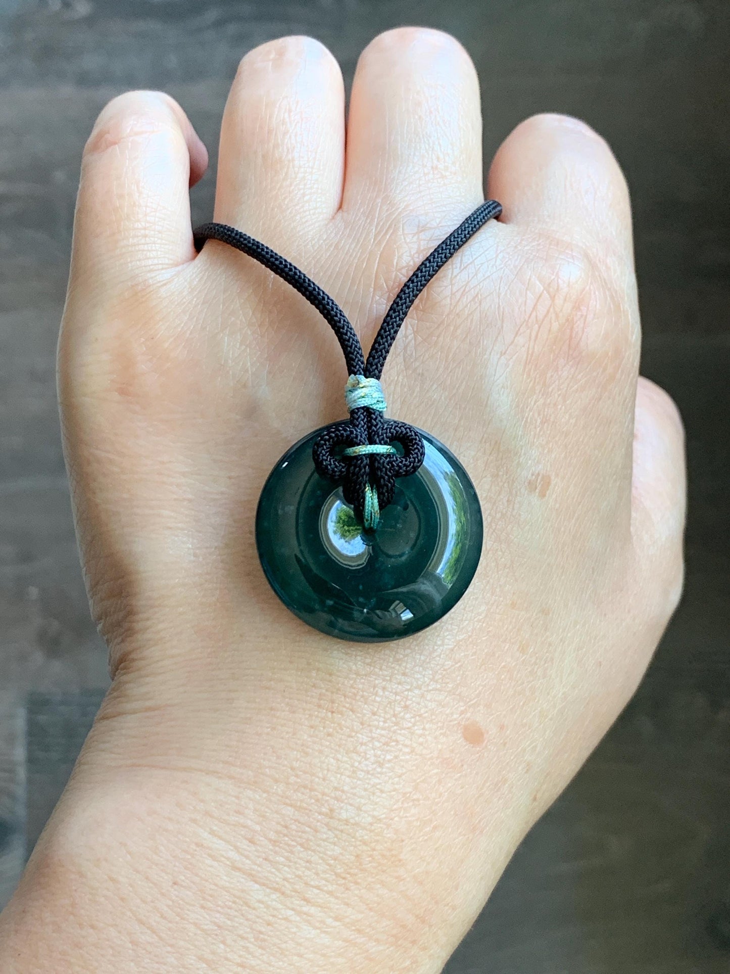Natural Grade A Guatemalan Icy Translucent Dark Teal Green Jade Jadeite Ping An Kou Donut Pendant Rope Necklace 25” 天然冰胶危深蓝绿翡翠平安扣吊坠 WLP110D