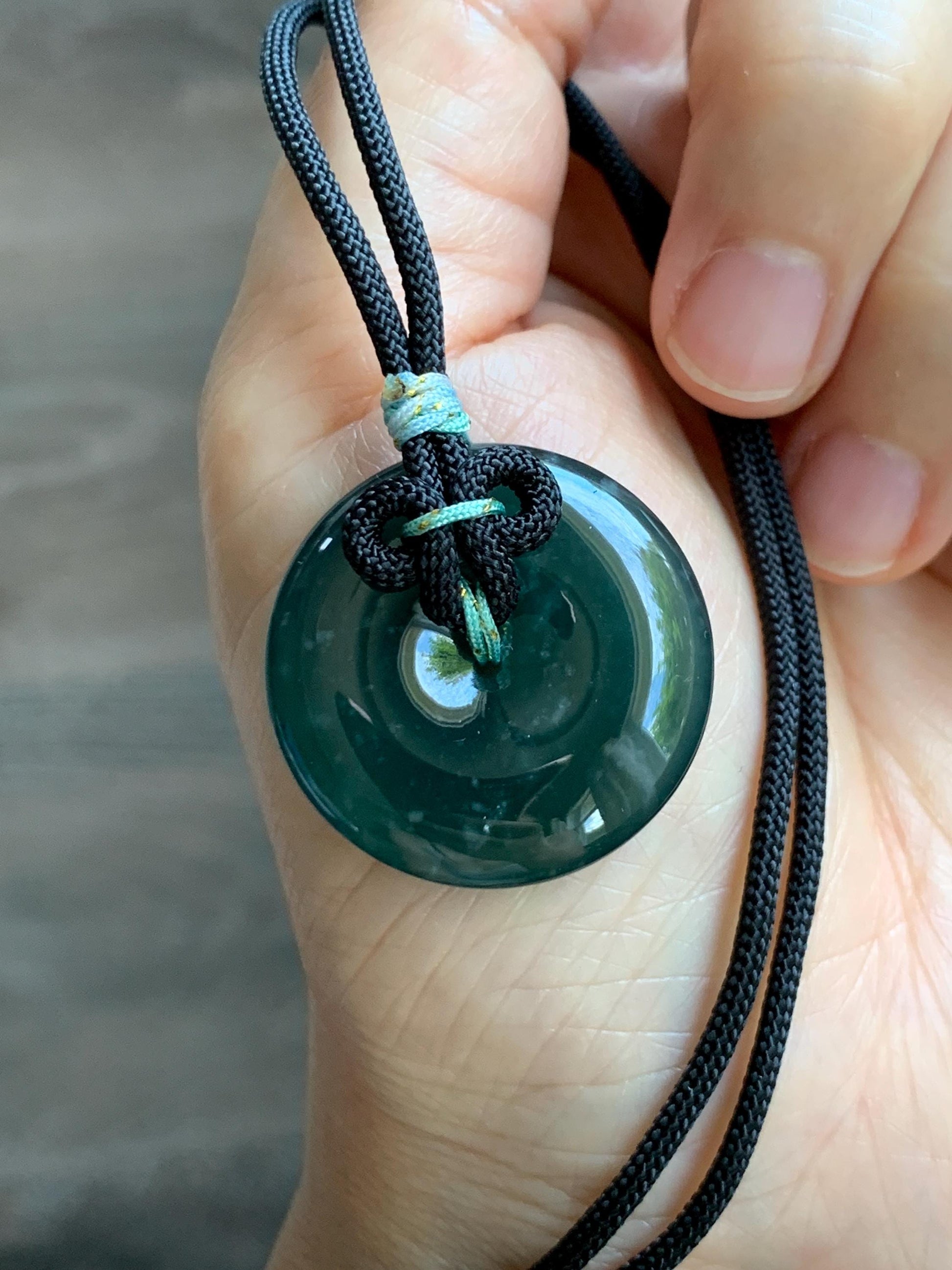 Natural Grade A Guatemalan Icy Translucent Dark Teal Green Jade Jadeite Ping An Kou Donut Pendant Rope Necklace 25” 天然冰胶危深蓝绿翡翠平安扣吊坠 WLP110D