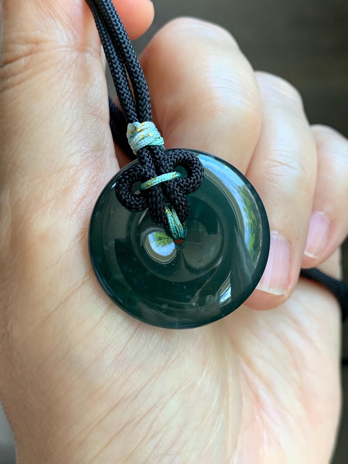Natural Grade A Guatemalan Icy Translucent Dark Teal Green Jade Jadeite Ping An Kou Donut Pendant Rope Necklace 25” 天然冰胶危深蓝绿翡翠平安扣吊坠 WLP110D