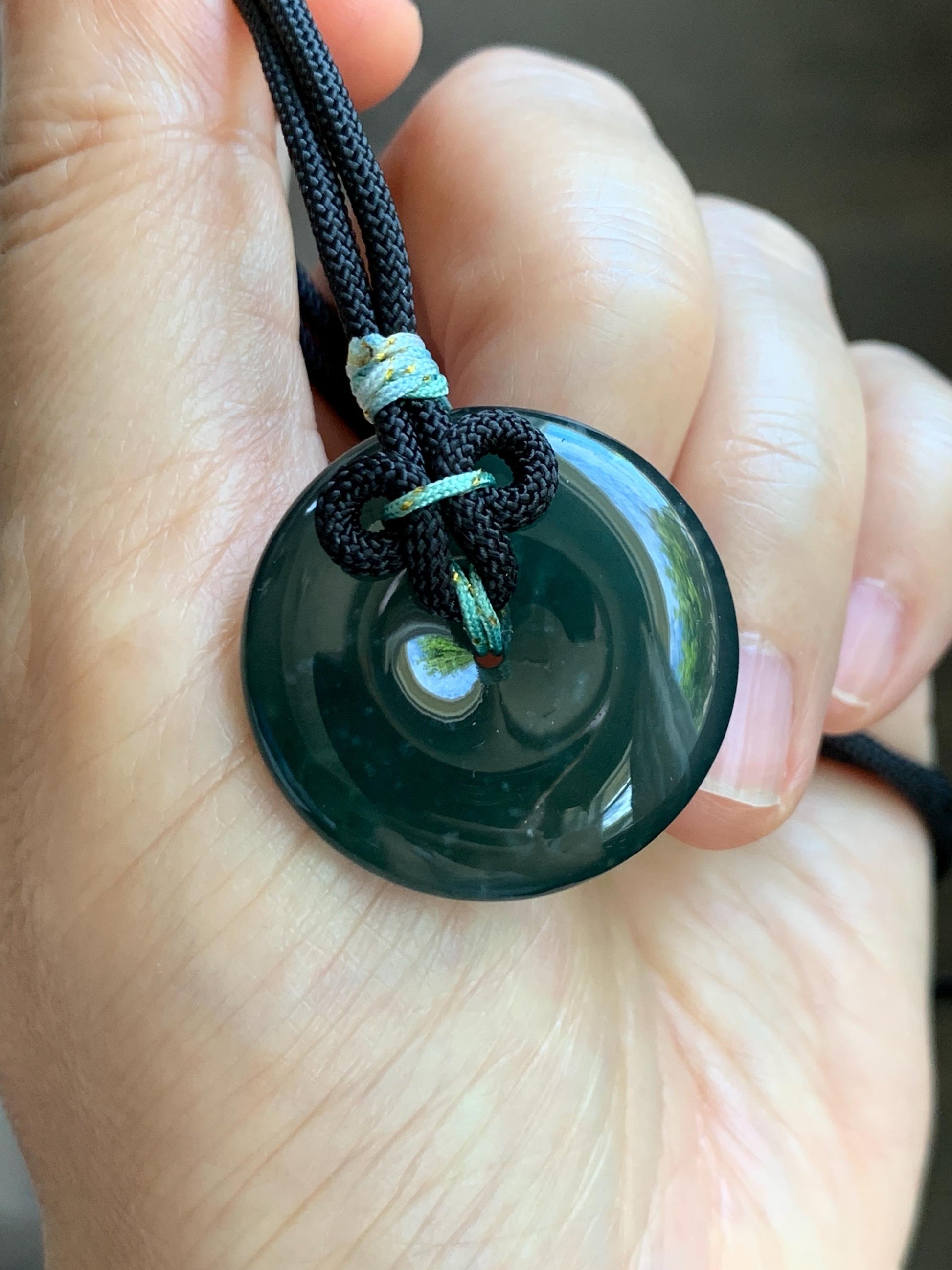 Natural Grade A Guatemalan Icy Translucent Dark Teal Green Jade Jadeite Ping An Kou Donut Pendant Rope Necklace 25” 天然冰胶危深蓝绿翡翠平安扣吊坠 WLP110D