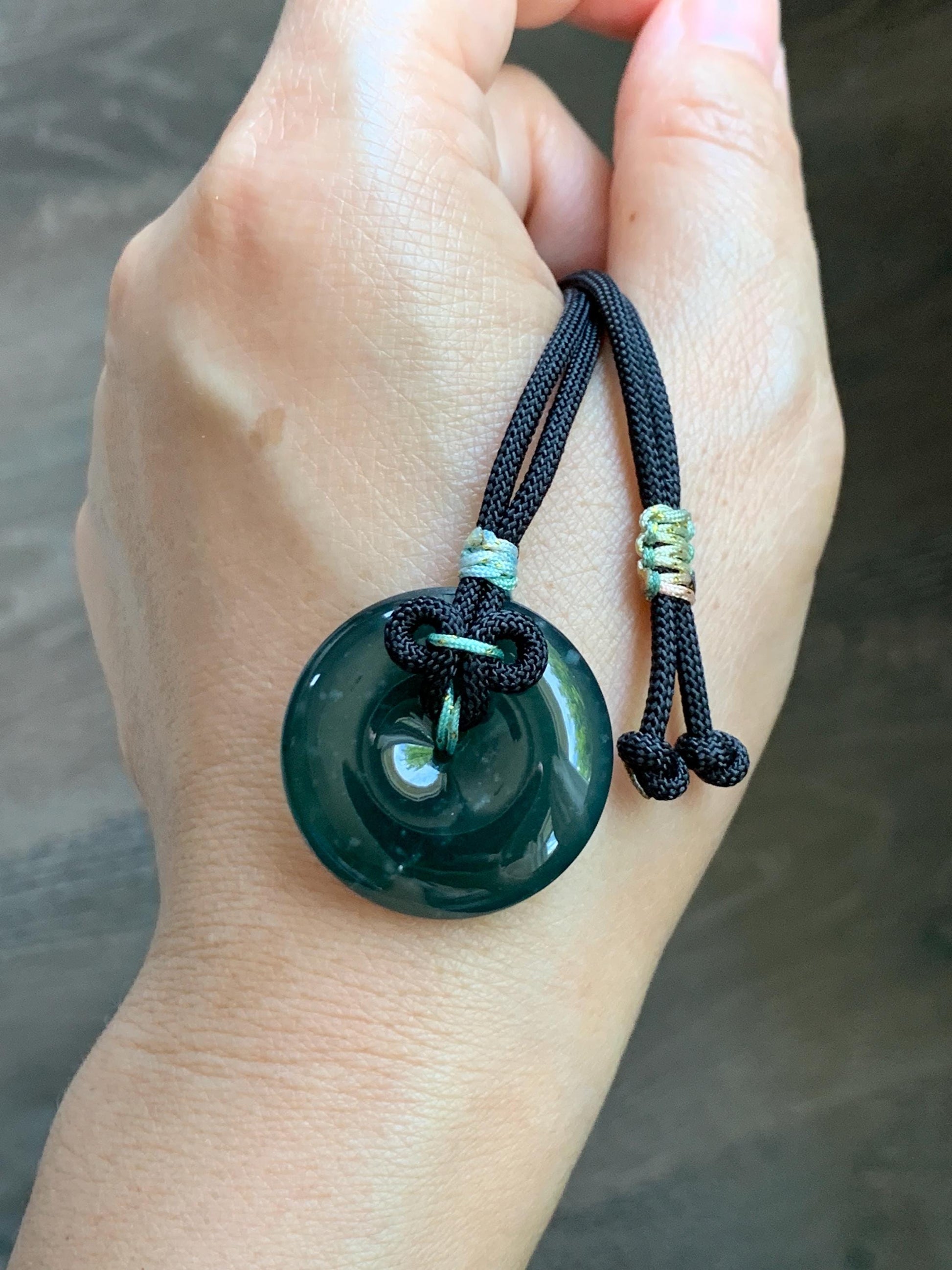 Natural Grade A Guatemalan Icy Translucent Dark Teal Green Jade Jadeite Ping An Kou Donut Pendant Rope Necklace 25” 天然冰胶危深蓝绿翡翠平安扣吊坠 WLP110D